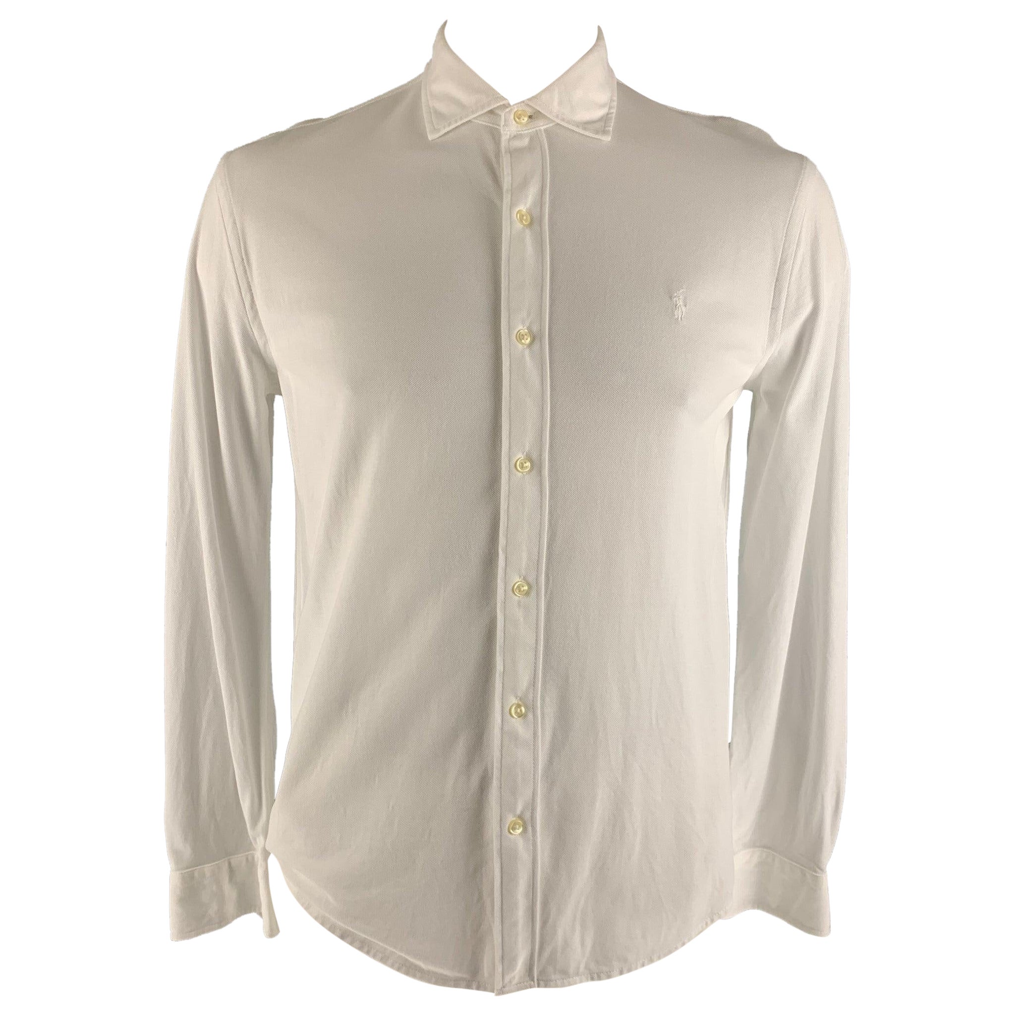 RALPH LAUREN Size L White Solid Cotton Button Up Long Sleeve Shirt For Sale
