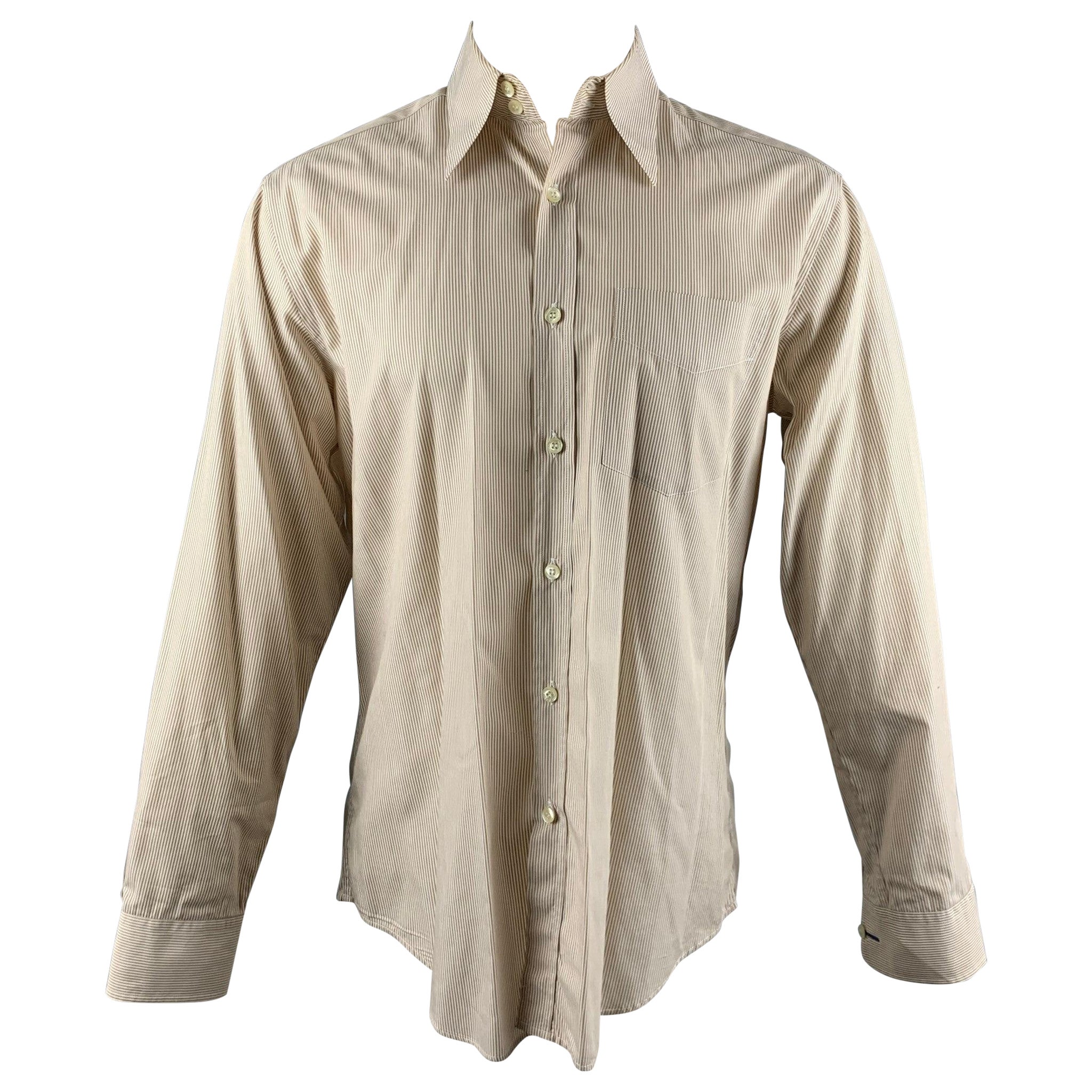 PAUL SMITH Size M Brown White Stripe Cotton Long Sleeve Shirt For Sale