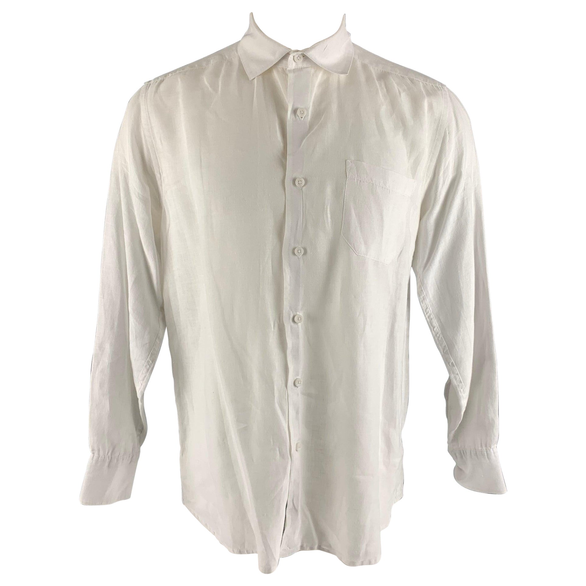 SAKS FIFTH AVENUE Size S White Solid Linen Button Up Long Sleeve Shirt For Sale