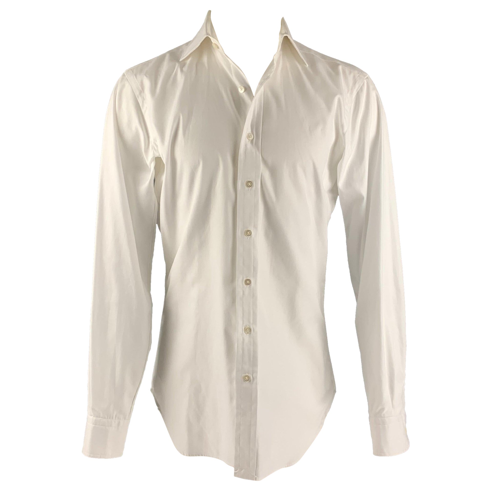 HAMILTON Size M White Herringbone Long Sleeve Shirt For Sale