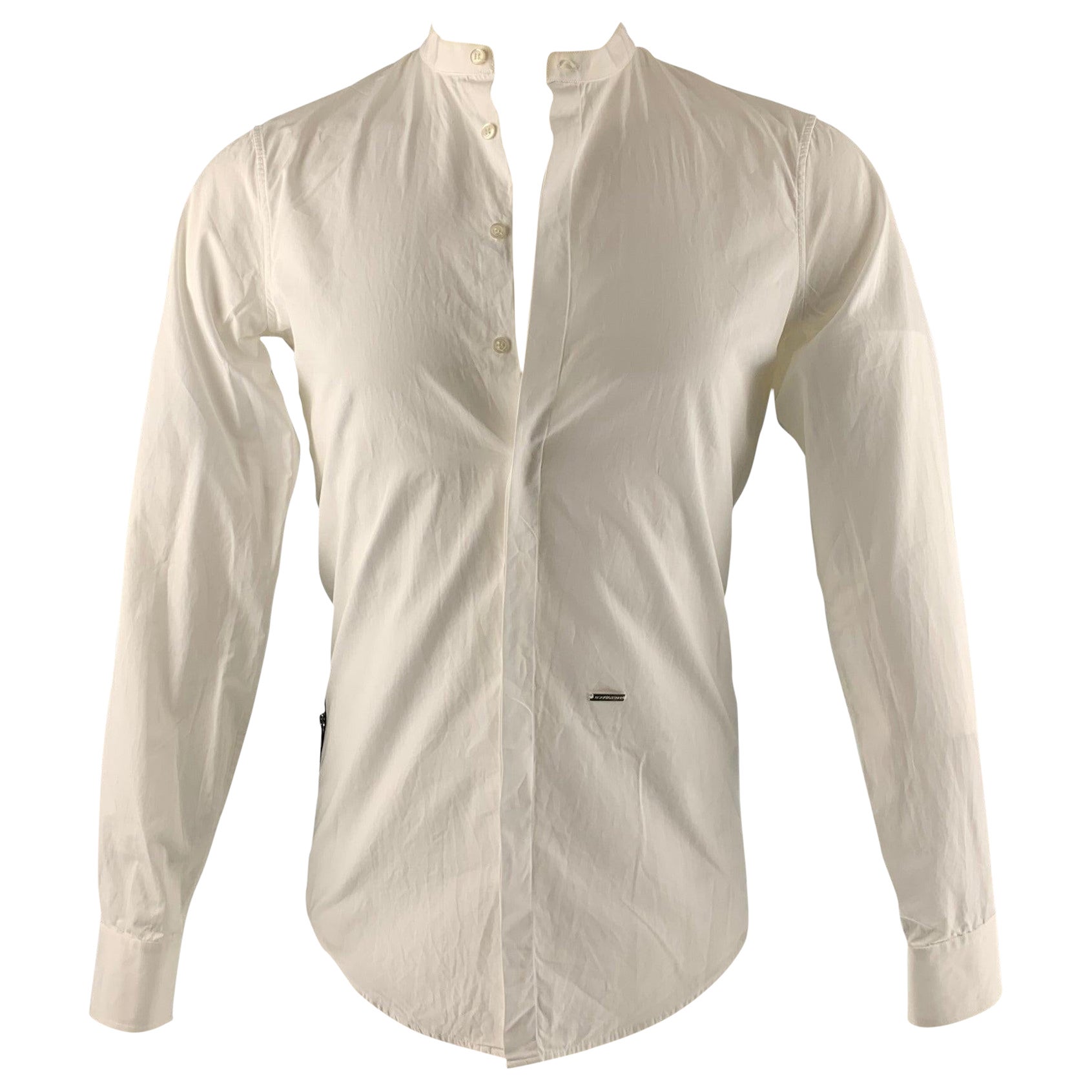 DSQUARED2 Size XS White Solid Cotton Nehru Collar Long Sleeve Shirt For Sale