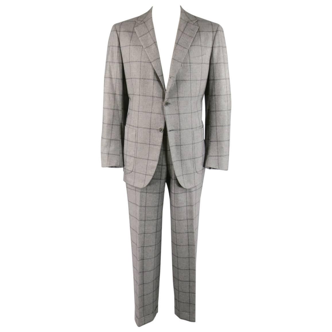 Kiton Men's Suit 46 R 3 Button Gray Windowpane Cashmere Notch Lapel Jacket Pants