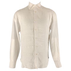 ISAIA, chemise à manches longues boutonnée en lin à pois roses blancs, taille M