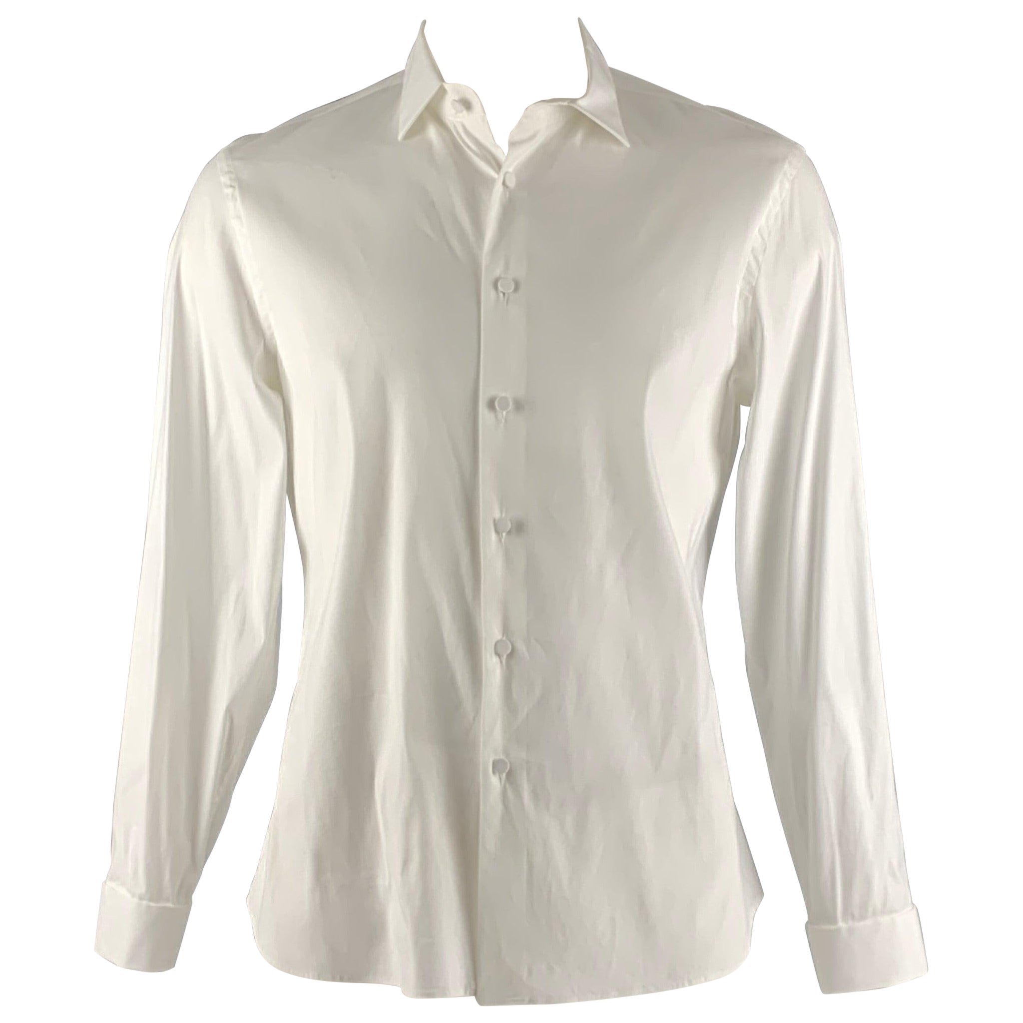 PRADA Size L White Cotton Blend French Cuff Long Sleeve Shirt For Sale