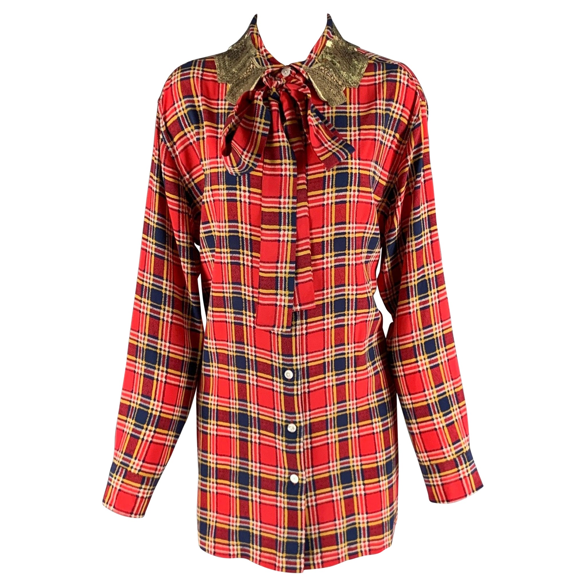 MARC JACOBS Size 8 Red Yellow/Blue Silk Plaid Long Shirt For Sale