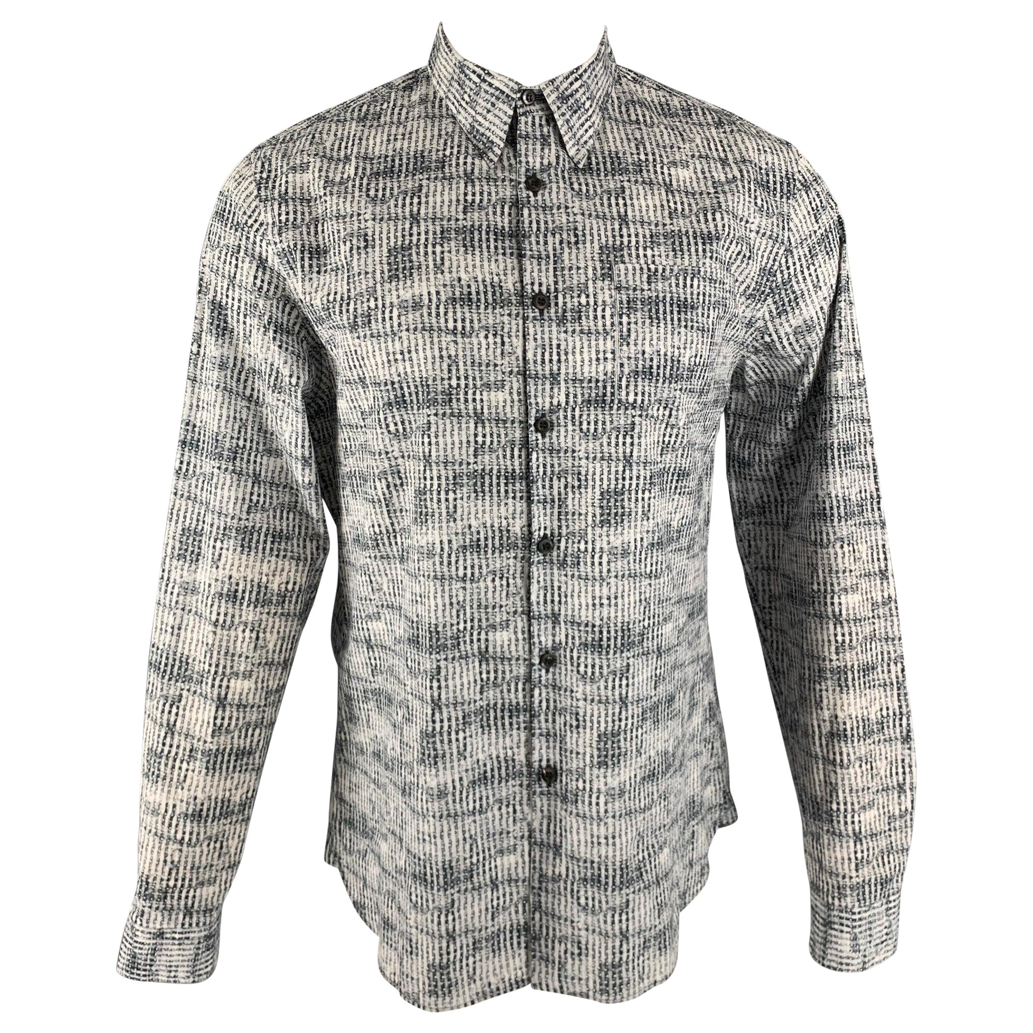 PRADA Size S White Grey Print Cotton Button Up Long Sleeve Shirt For Sale