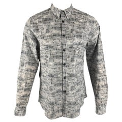 PRADA - Chemise à manches longues boutonnée en coton imprimé gris et blanc, taille S
