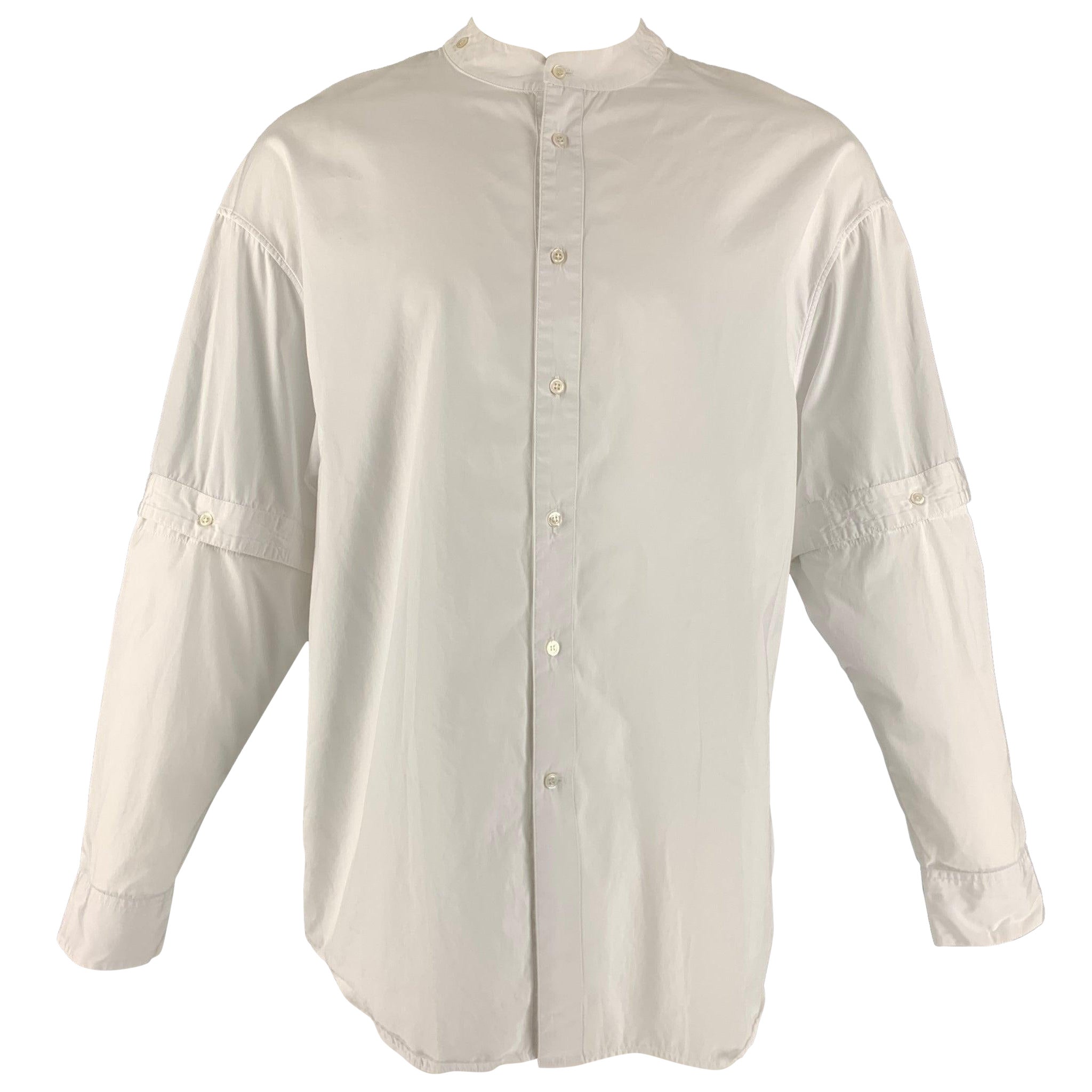 HUSSEIN CHALAYAN Size S White Solid Cotton Nehru Collar Long Sleeve Shirt For Sale