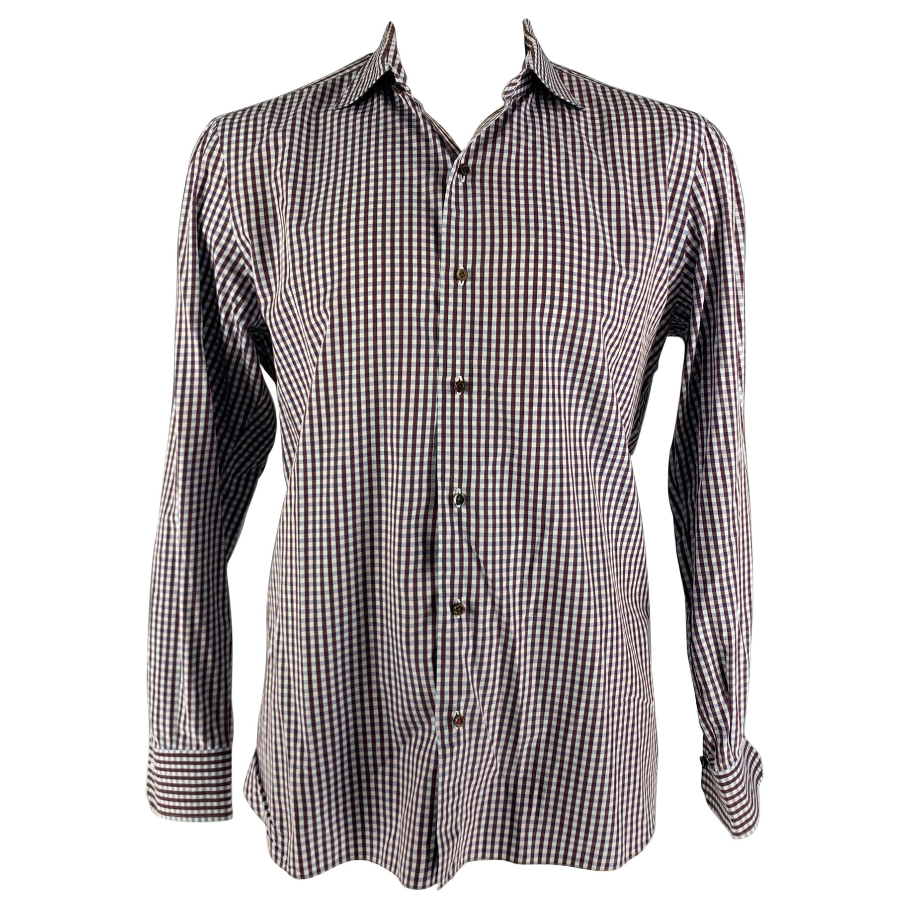 Isaia Size XL Brown Blue Checkered Cotton Long Sleeve Shirt (Chemise à manches longues en coton à carreaux) en vente