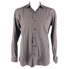 Isaia Size XL Brown Blue Checkered Cotton Long Sleeve Shirt (Chemise à manches longues en coton à carreaux)