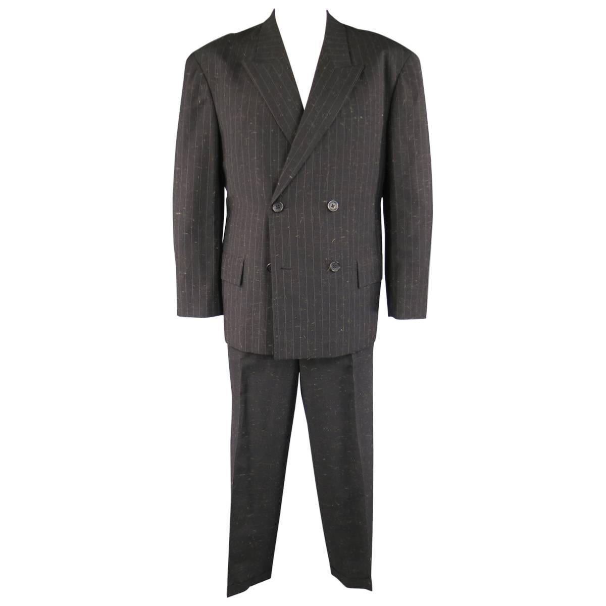 Yohji Yamamoto Charcoal Hair Textured Wool Blend Striped Double Breasted Suit