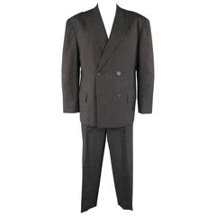 YOHJI YAMAMOTO M Charcoal Hair Textured Wool Blend Striped Double Breasted Suit 3