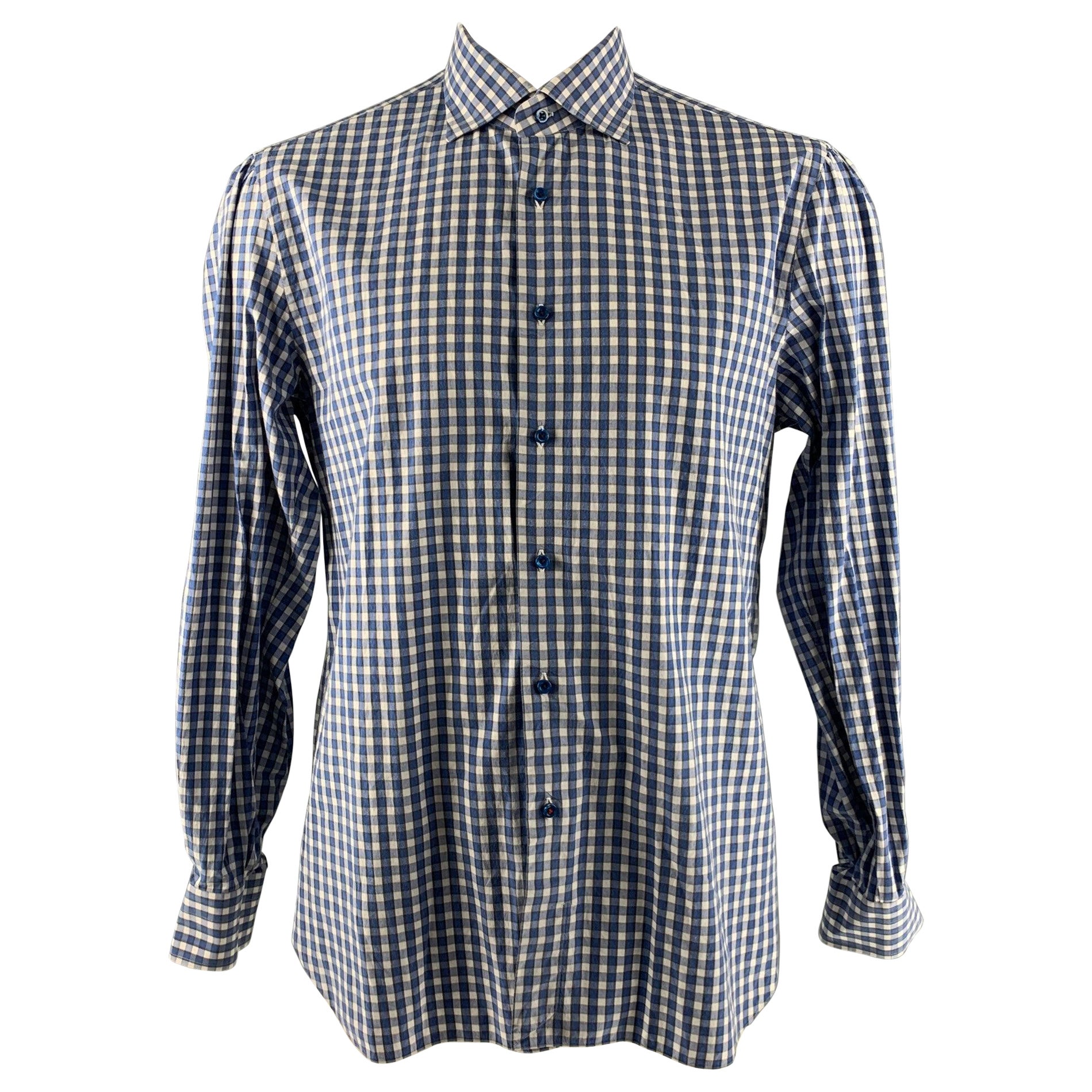 ISAIA Size XL Blue White Checkered Cotton Long Sleeve Shirt For Sale