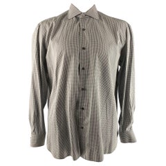 ISAIA Size XL White Black Checkered Cotton Long Sleeve Shirt