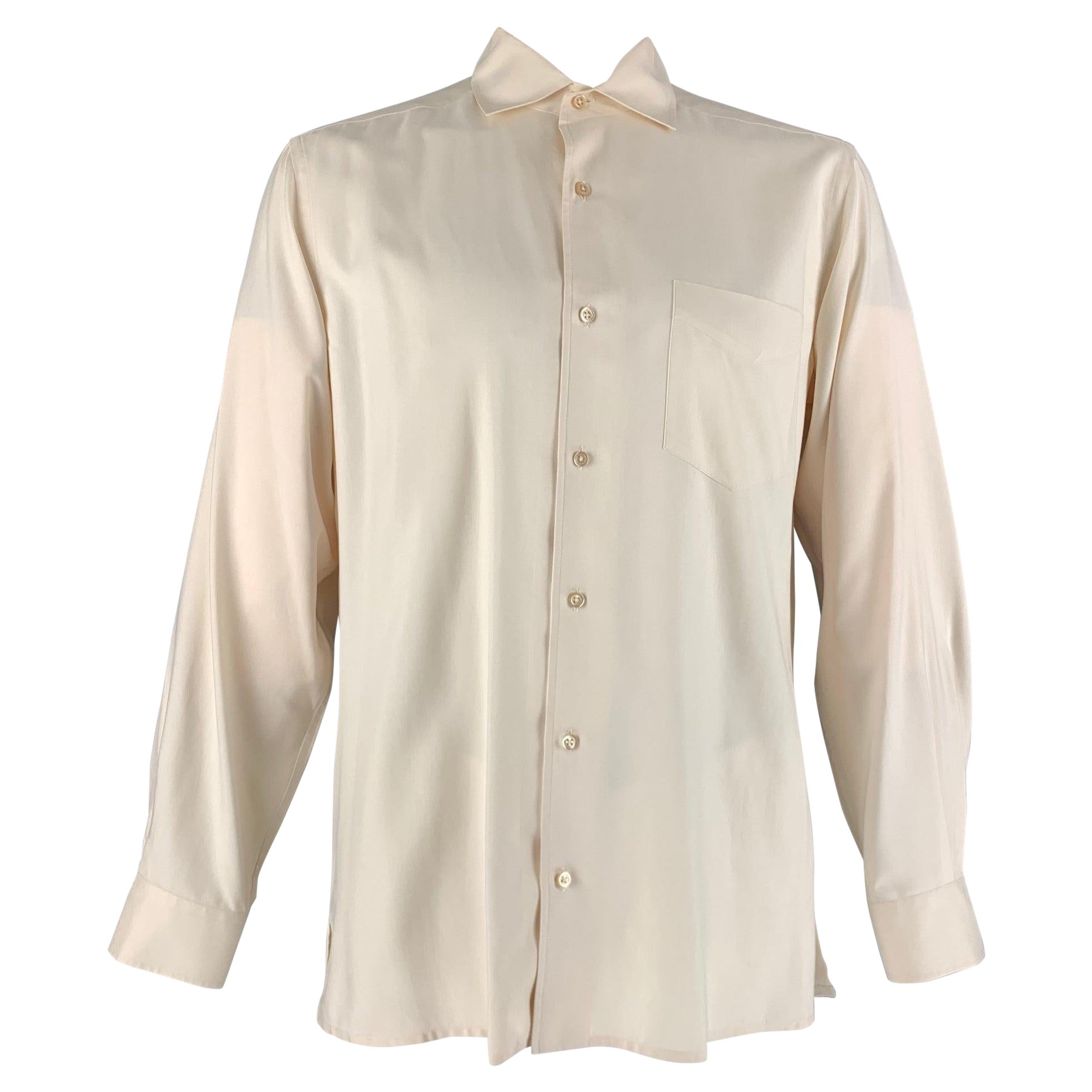 RALPH LAUREN Size L Cream Silk One pocket Long Sleeve Shirt For Sale