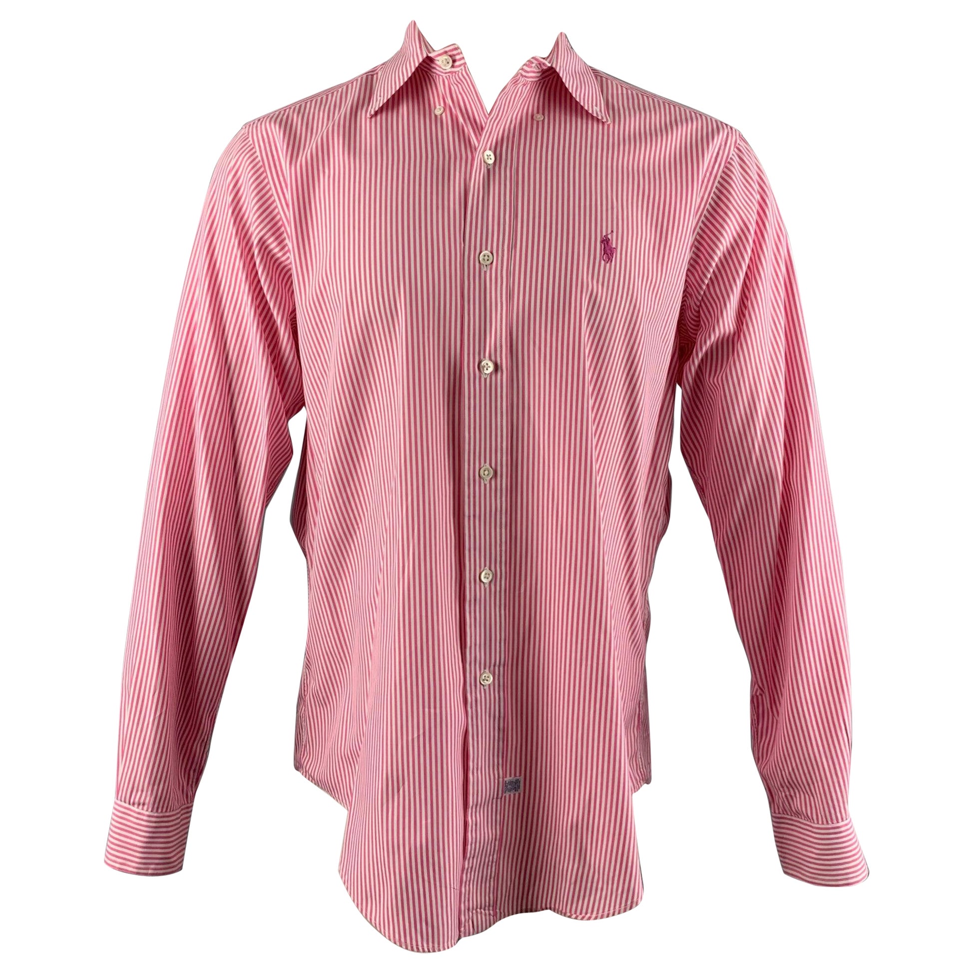 RALPH LAUREN Size M Pink White Stripe Cotton Long Sleeve Shirt For Sale