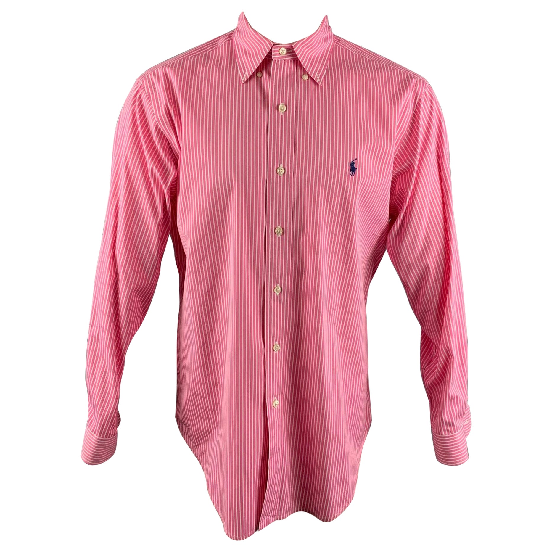RALPH LAUREN Size M Pink White Stripe Cotton Long Sleeve Shirt For Sale