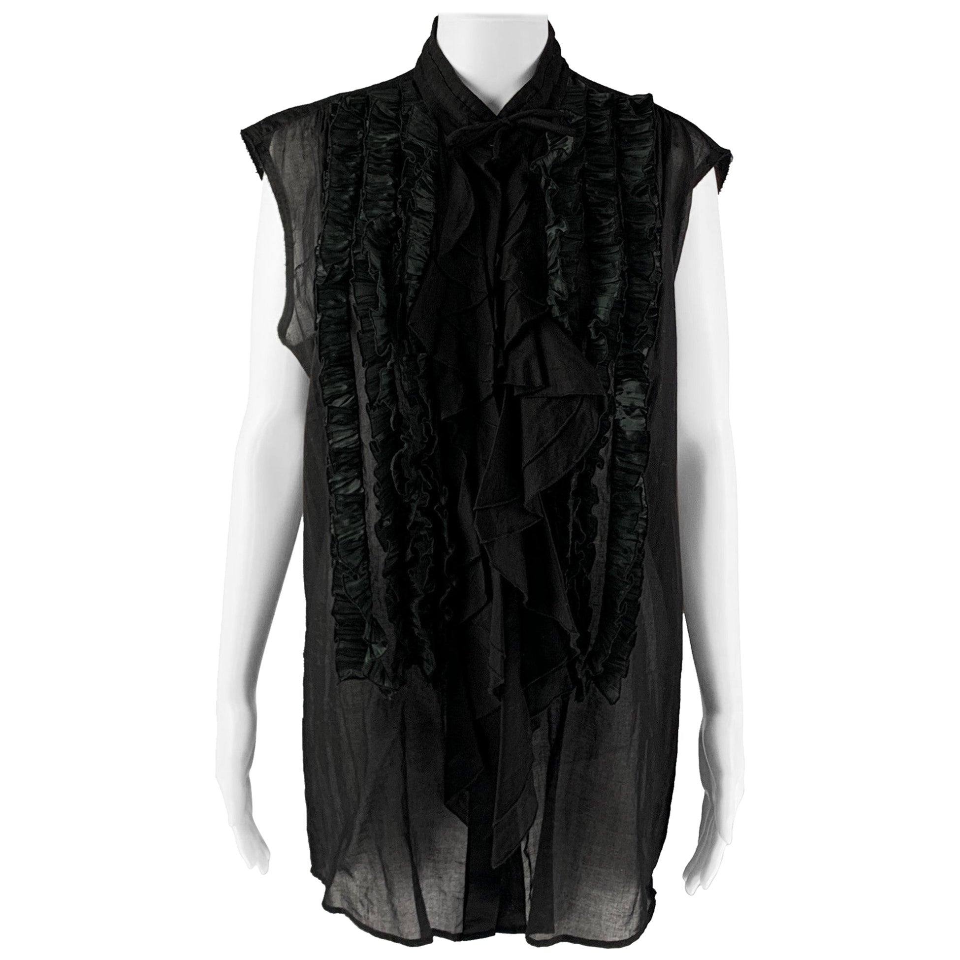 DRIES VAN NOTEN Size M Black Cotton Ruffled Sleeveless Shirt For Sale