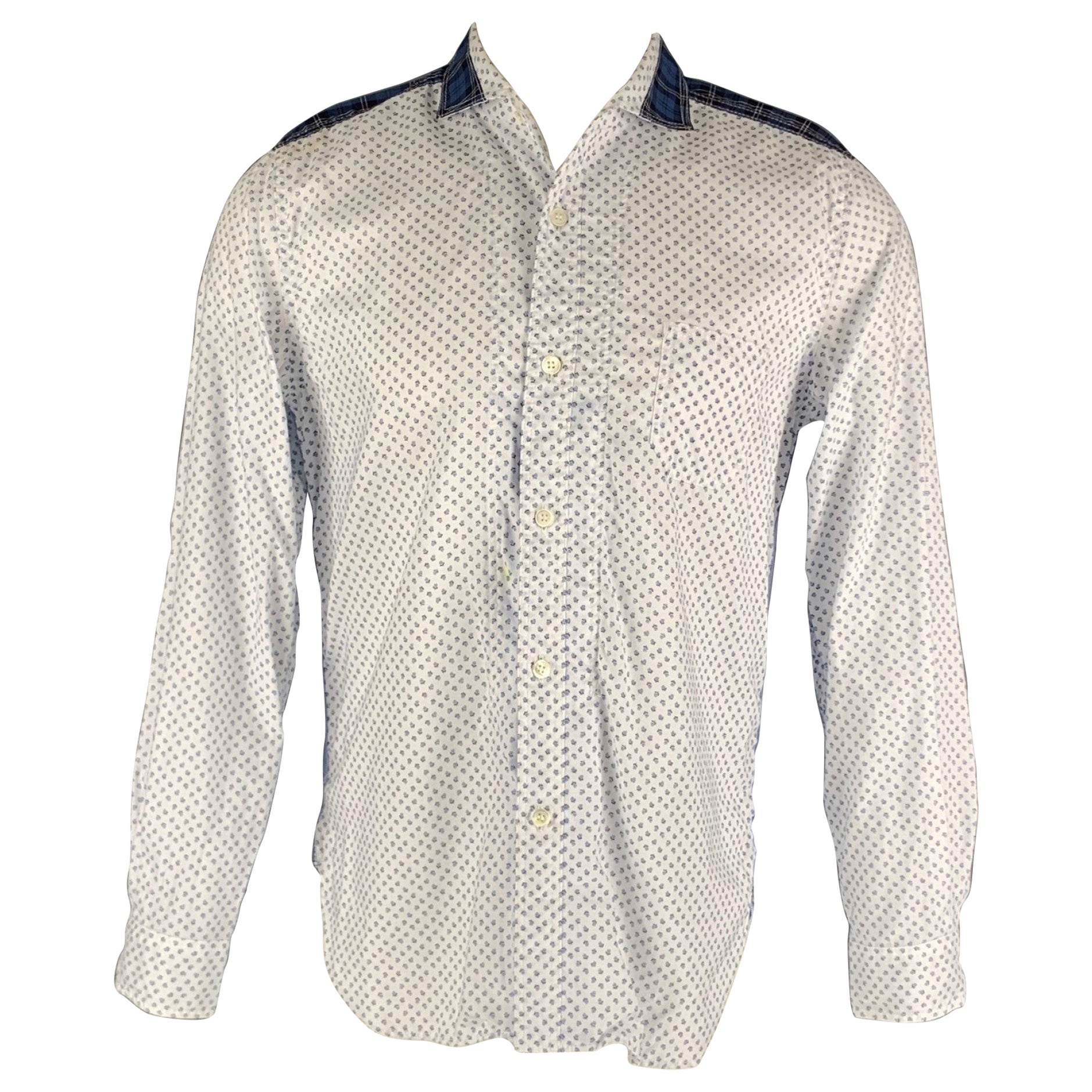JUNYA WATANABE Size M White Blue Print Cotton Open Collar Long Sleeve Shirt For Sale