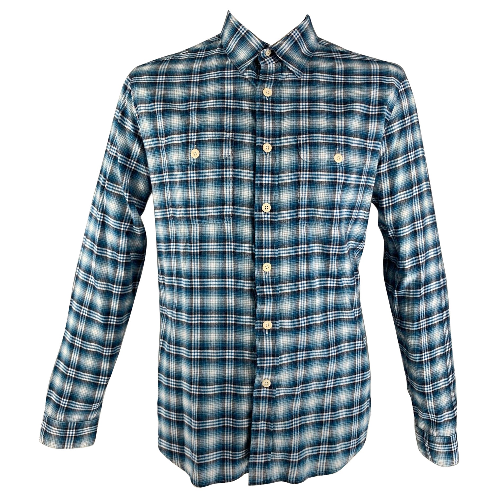 TOM FORD Size XL Blue White Plaid Cotton Flanel Long Sleeve Shirt