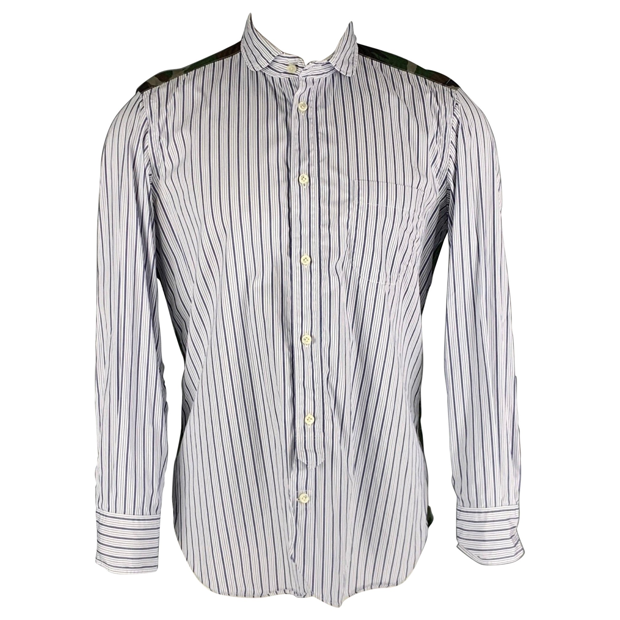 JUNYA WATANABE Size M White Navy Stripe Cotton Club Collar Long Sleeve Shirt For Sale