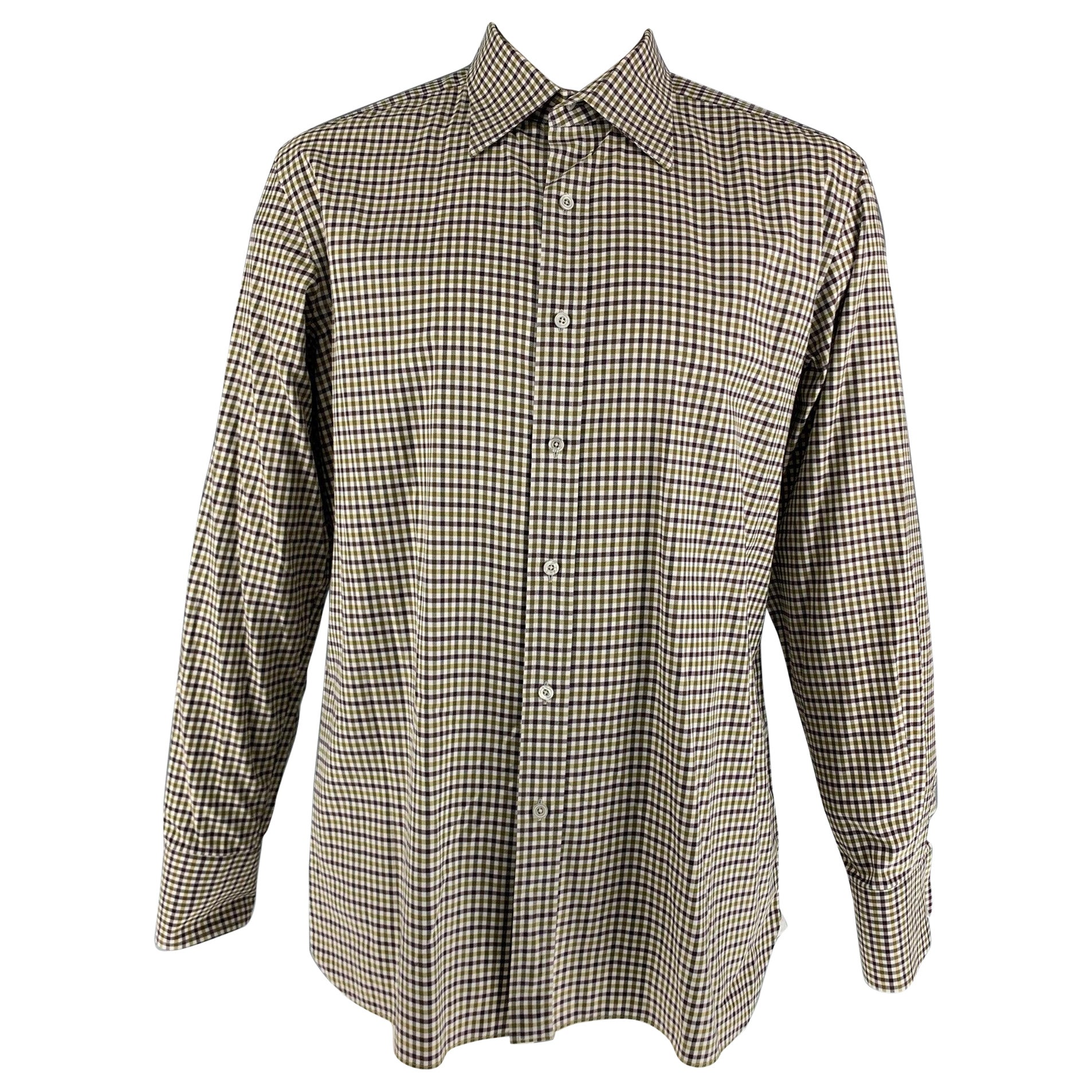TOM FORD Size XL Brown Green/White Checkered Cotton Long Sleeve Shirt For Sale