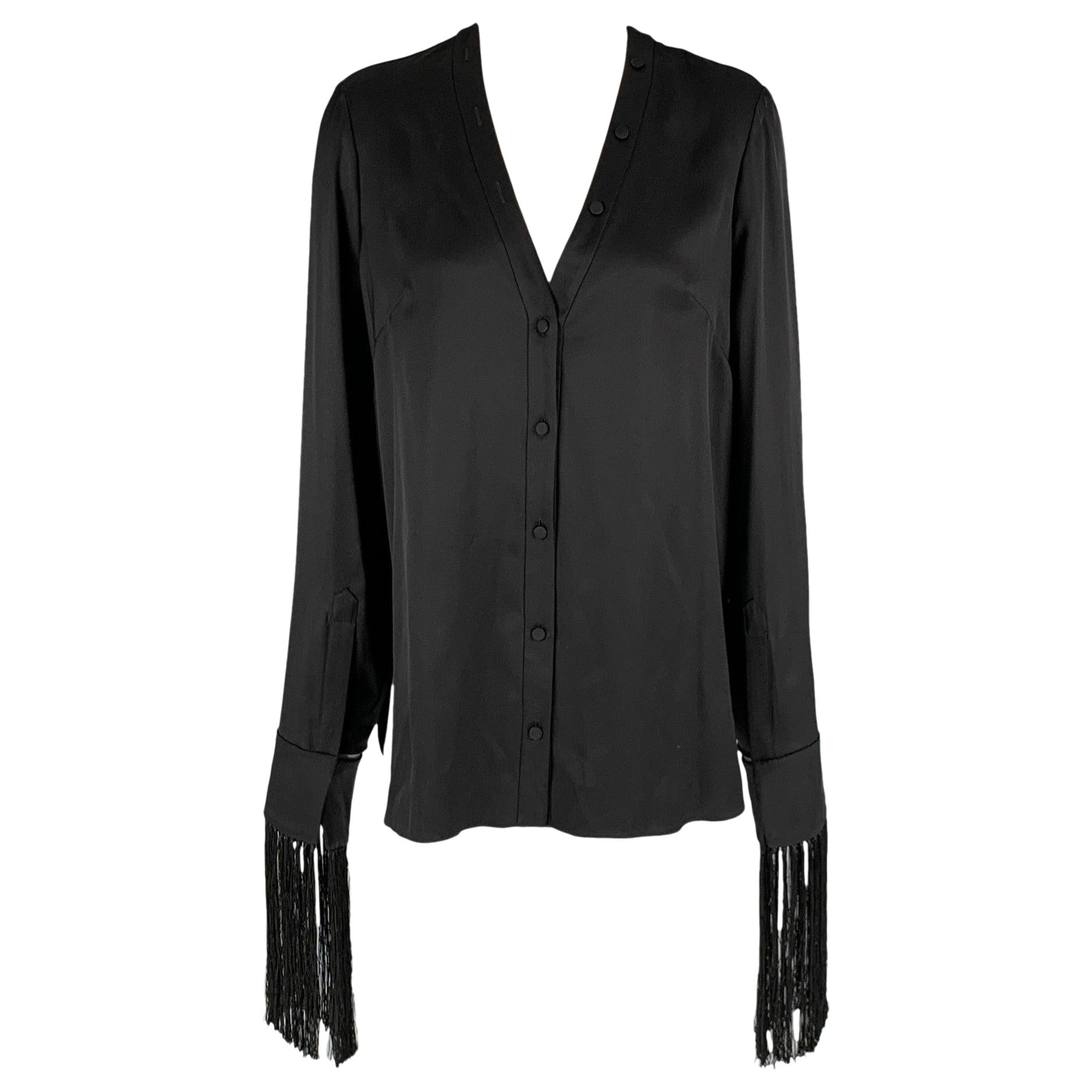 ALEXANDER MCQUEEN Size 2 Black Silk Solid Open Collar Shirt For Sale