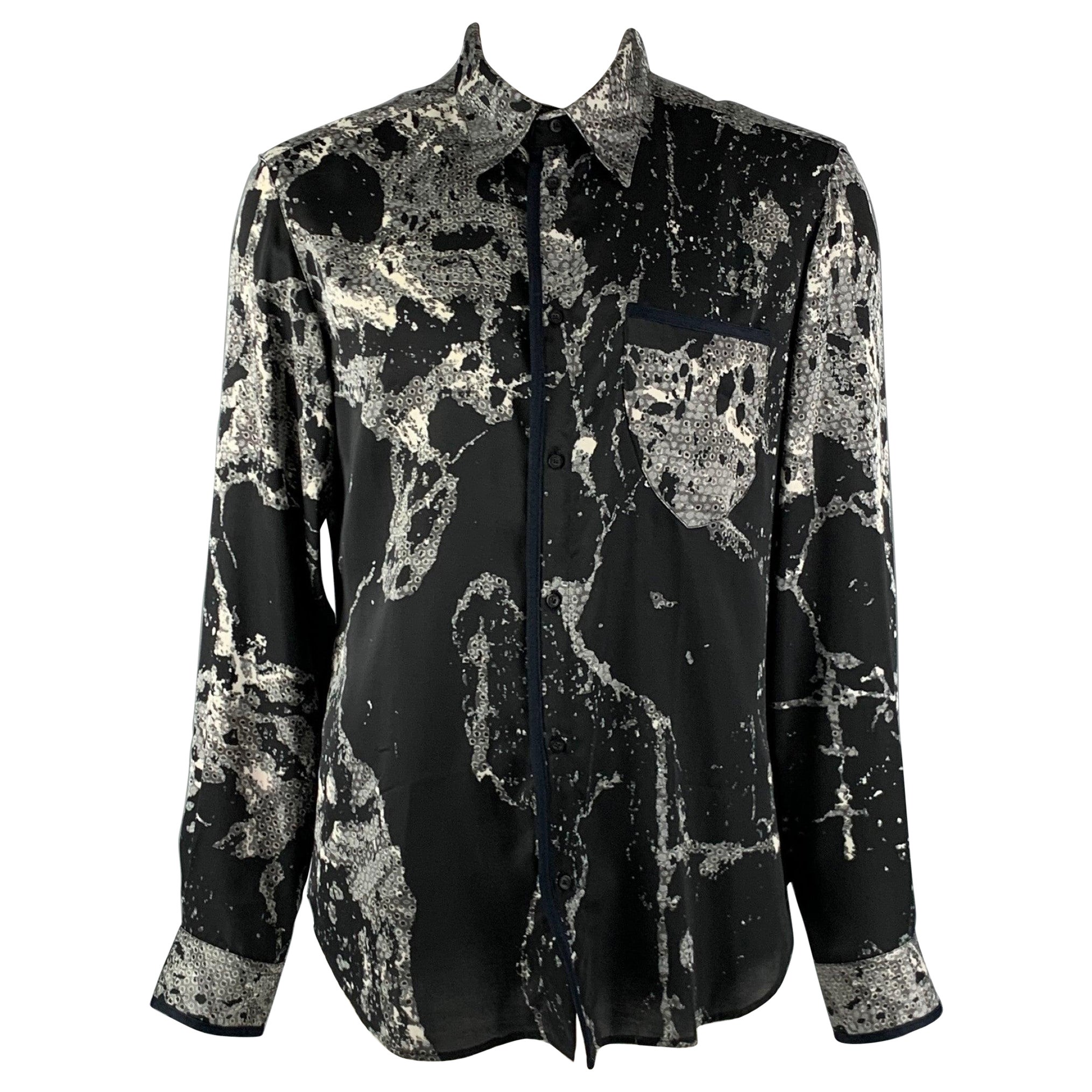 JUST CAVALLI Size XL Black White Abstract  Polyester Long Sleeve Shirt For Sale