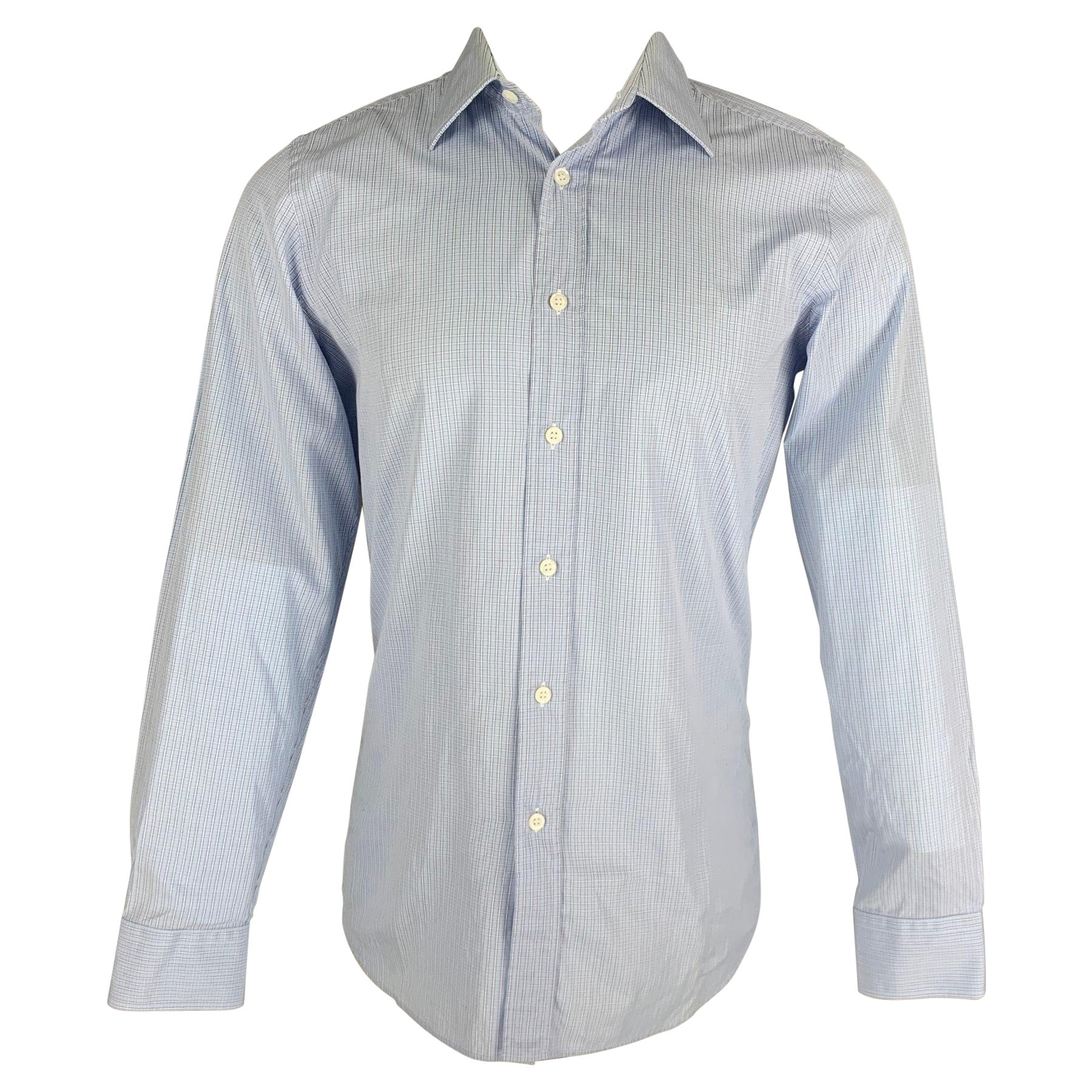 PRADA - Chemise à manches longues en coton à carreaux bleu et blanc en vente