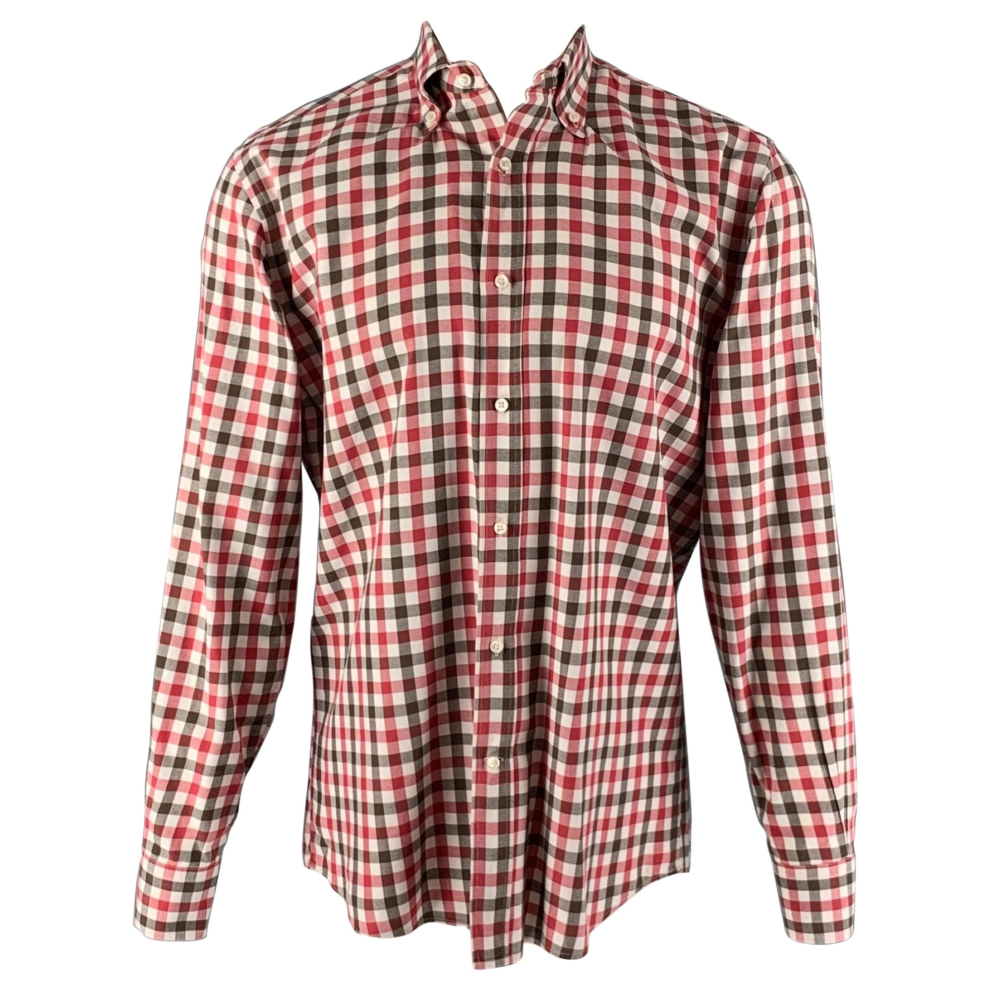 BERGDORF GOODMAN Size M Red White Brown Checkered Cotton Long Sleeve Shirt For Sale