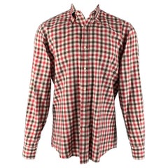 Bergdorf Goodman Size M Red White Brown Checkered Cotton Long Sleeve Shirt (Chemise à manches longues en coton à carreaux)