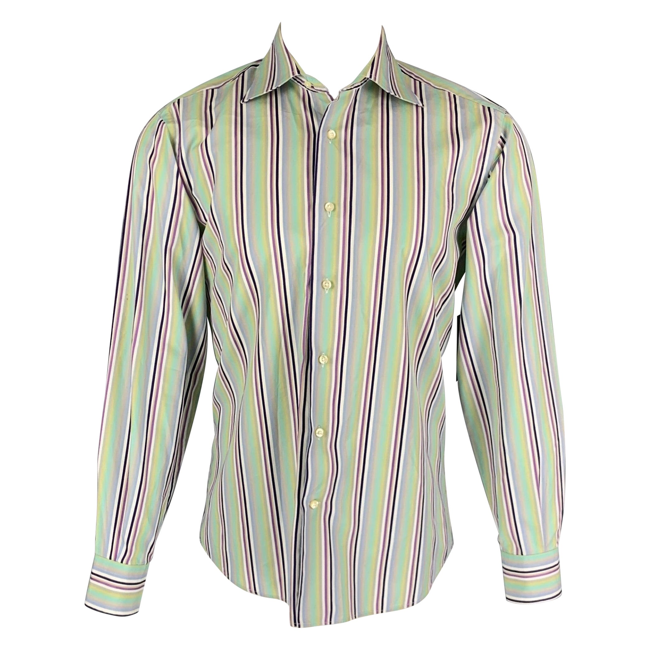 ETRO Size M Green Black Stripe Cotton Long Sleeve Shirt For Sale