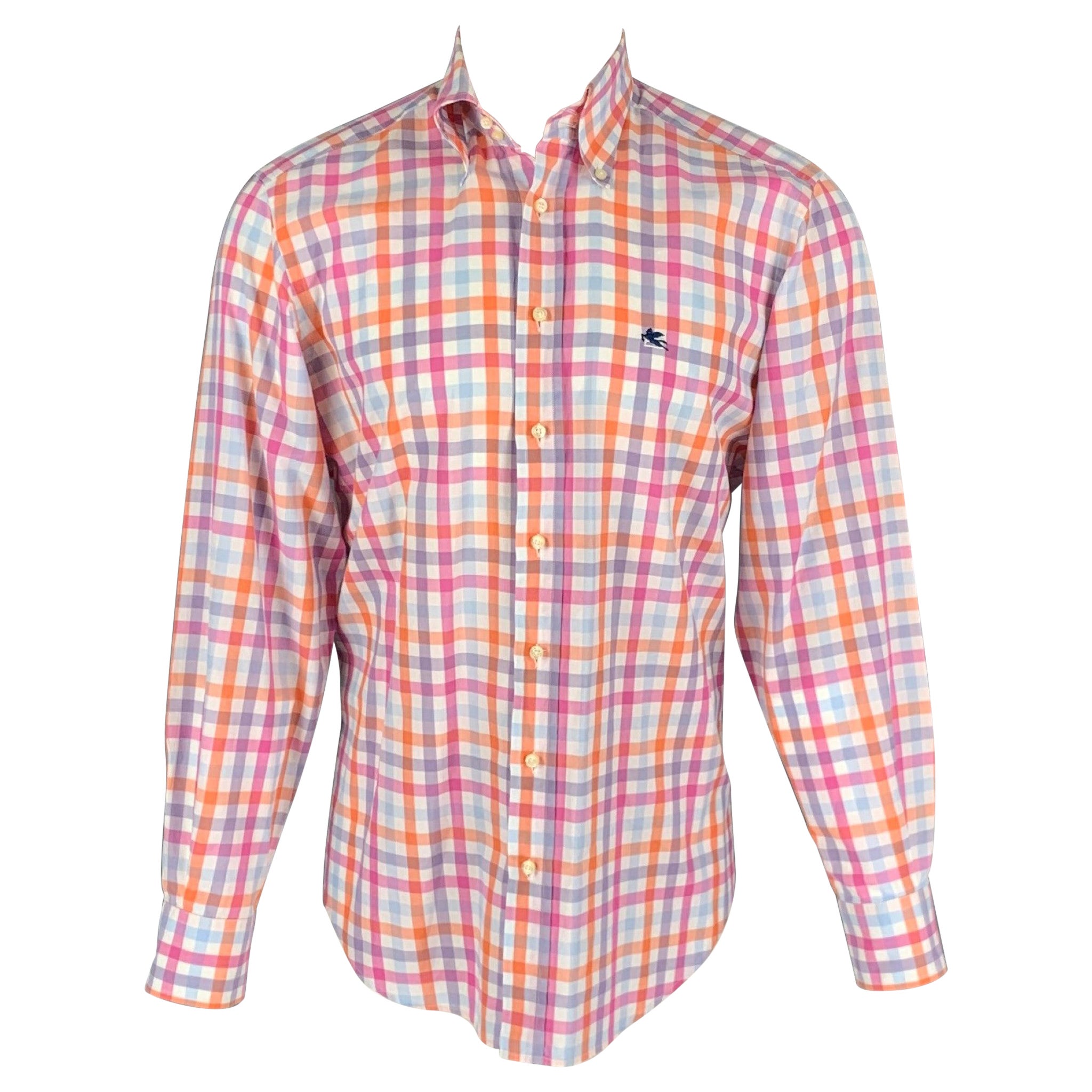 ETRO Size M Orange White Checkered Cotton Embroidered Long Sleeve Shirt For Sale