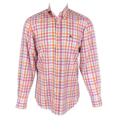ETRO Size M Orange White Checkered Cotton Embroidered Long Sleeve Shirt