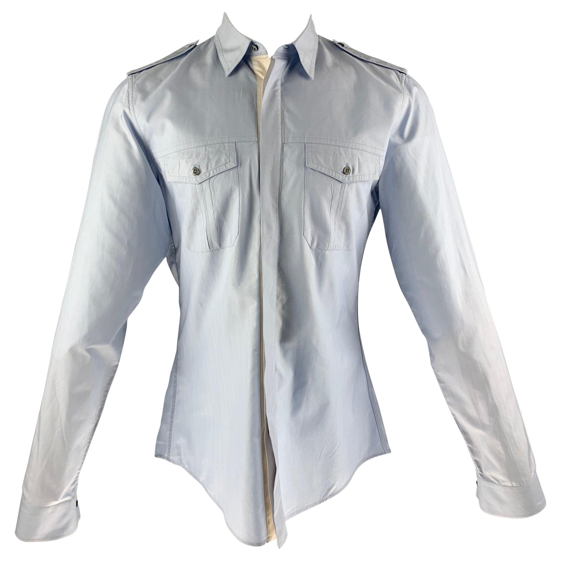GUCCI Size S Light Blue Solid Cotton Patch Pockets Long Sleeve Shirt For Sale
