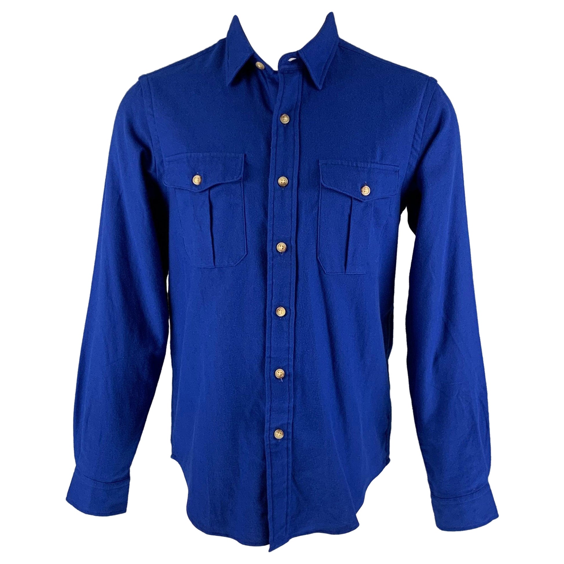 RALPH LAUREN Size M Royal Blue Solid Cotton Patch Pockets Long Sleeve Shirt For Sale