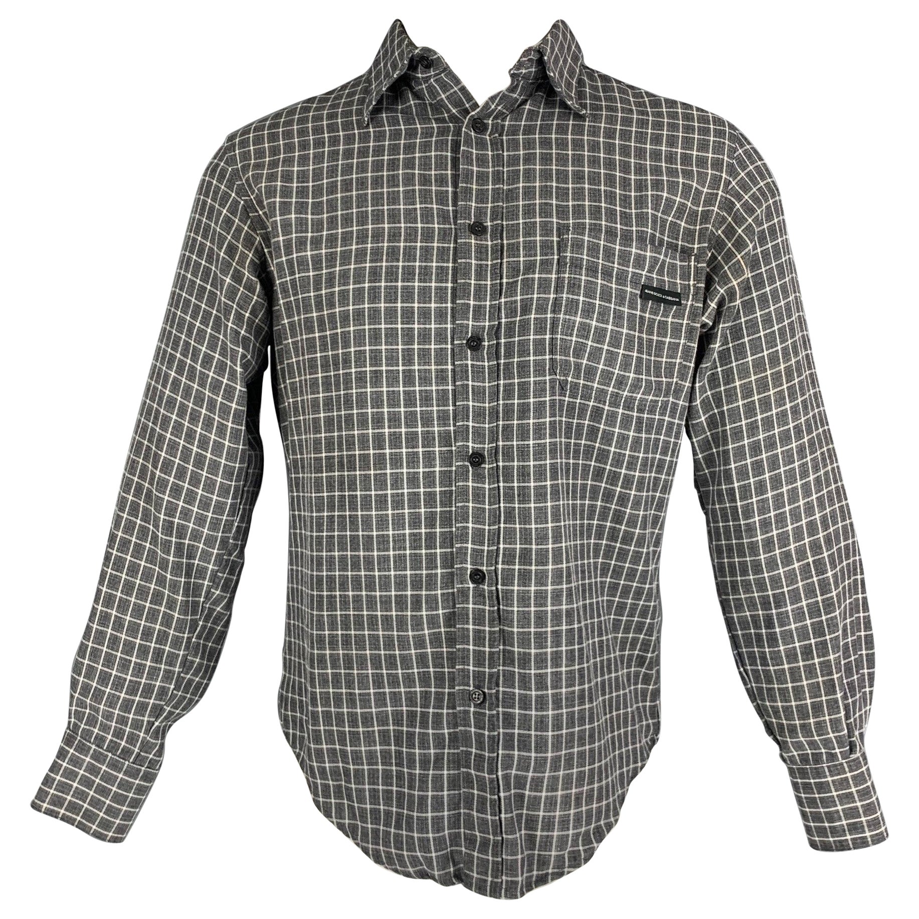 DOLCE & GABBANA Size S Grey White Plaid Wool / Rayon Long Sleeve Shirt For Sale