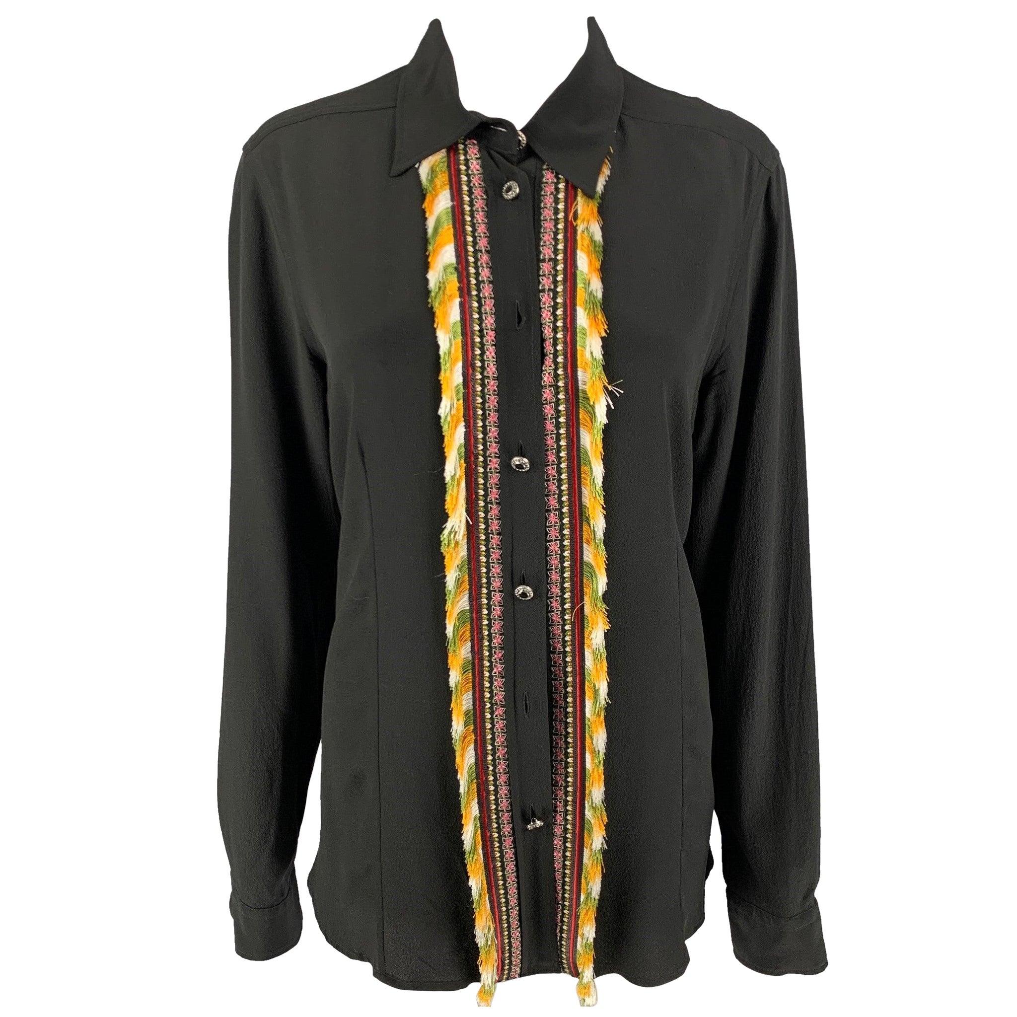 ETRO Size M Black Multi-Color Silk Applique Button Up Shirt For Sale