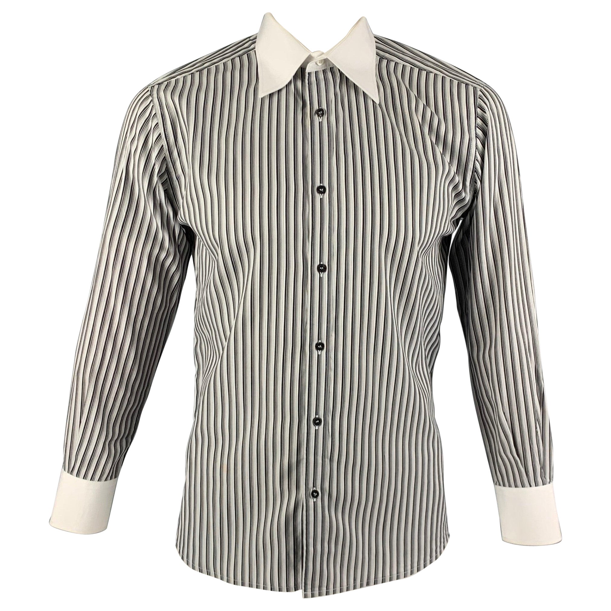 GUCCI Size L White Black Stripe Long Sleeve Shirt For Sale