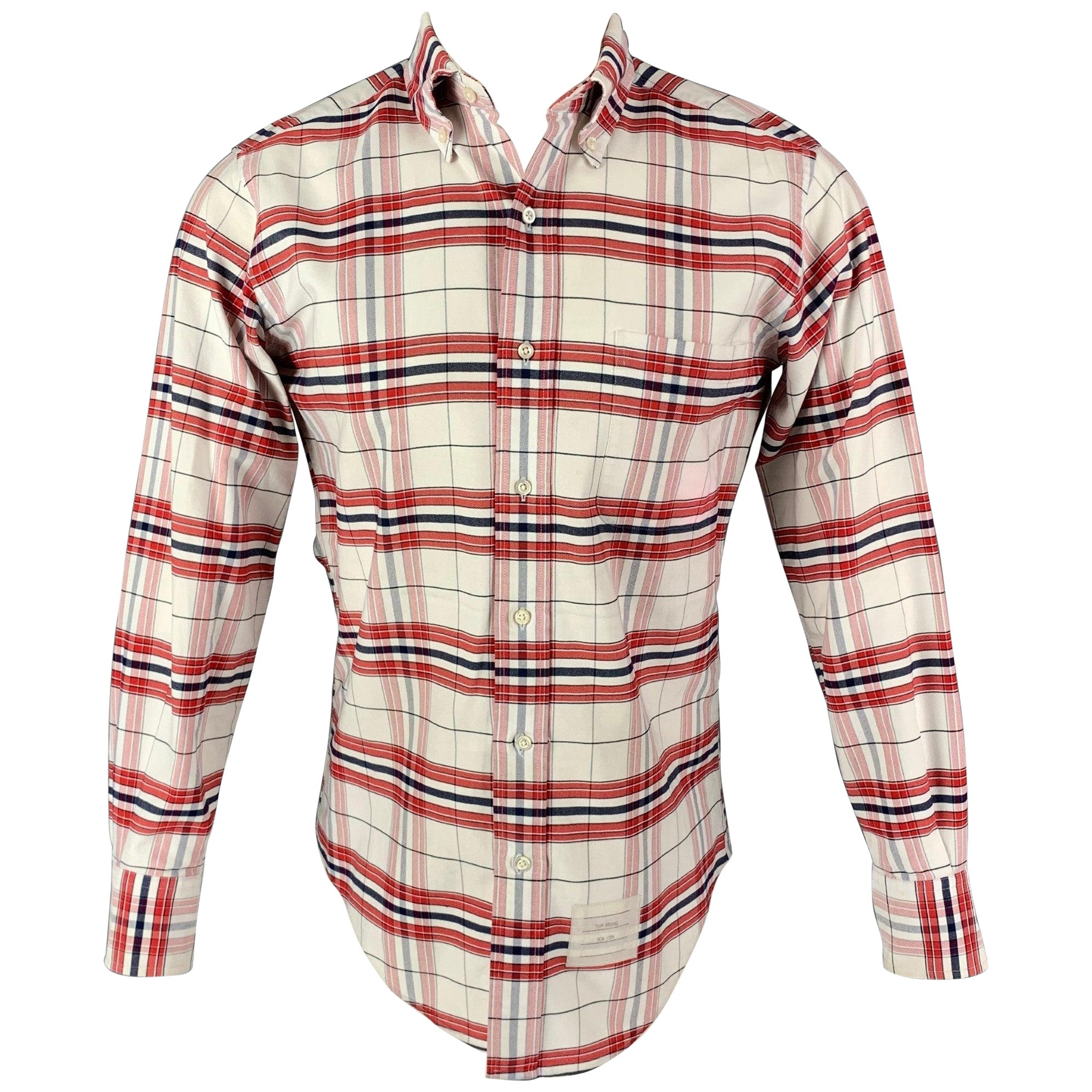 THOM BROWNE Size S White Red Plaid Cotton Button Down Long Sleeve Shirt For Sale