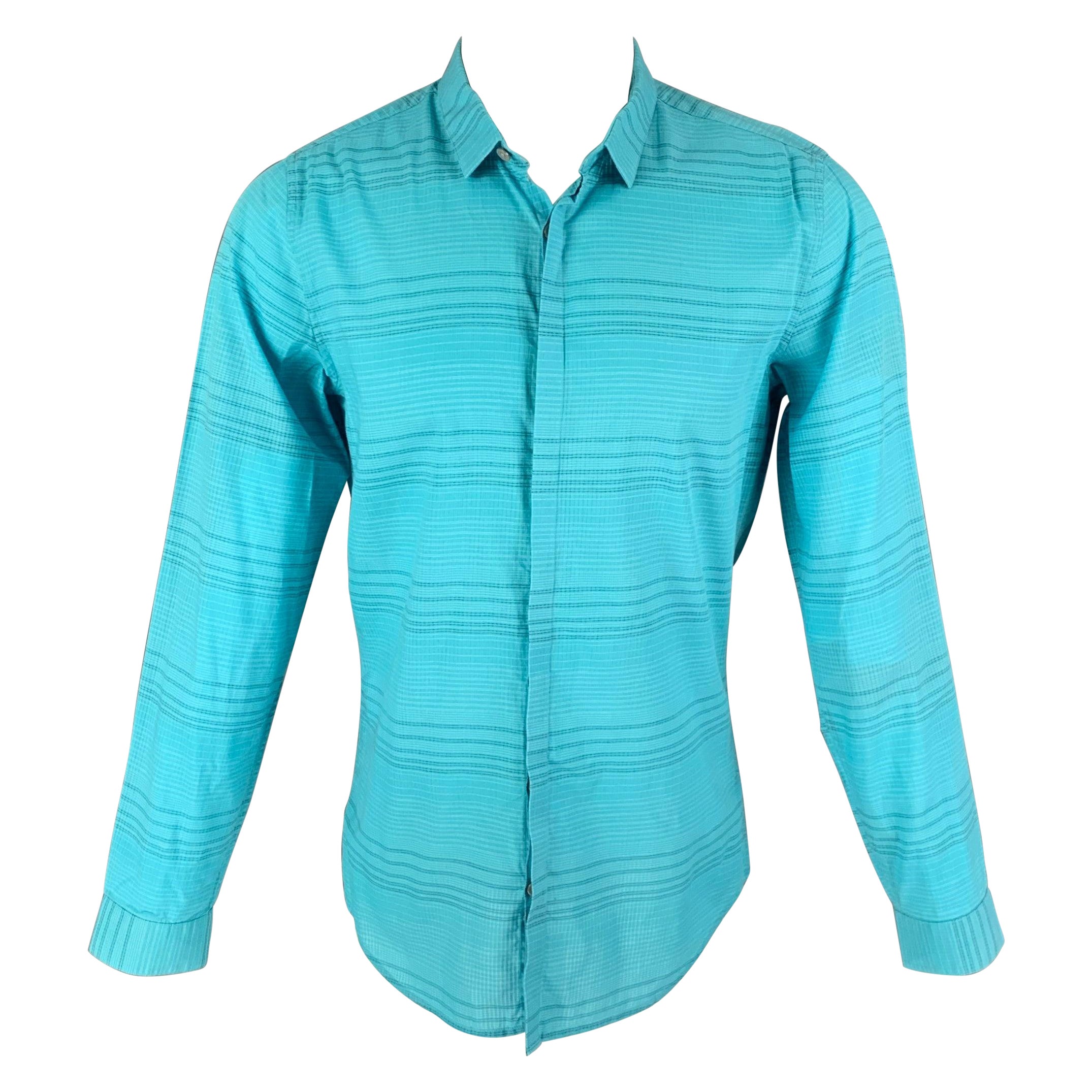 CALVIN KLEIN Size M Aqua Grid Button Up Long Sleeve Shirt For Sale