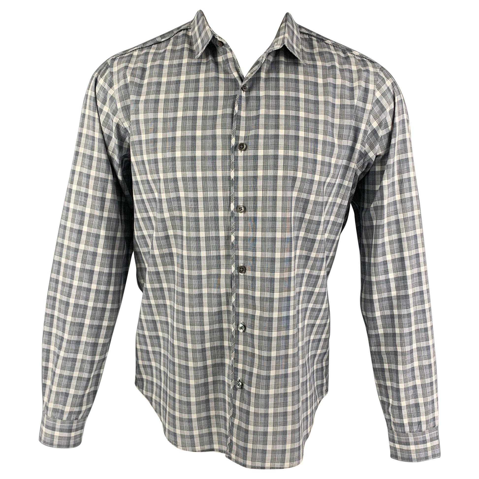 THEORY Size M Grey White Plaid Cotton Long Sleeve Shirt For Sale