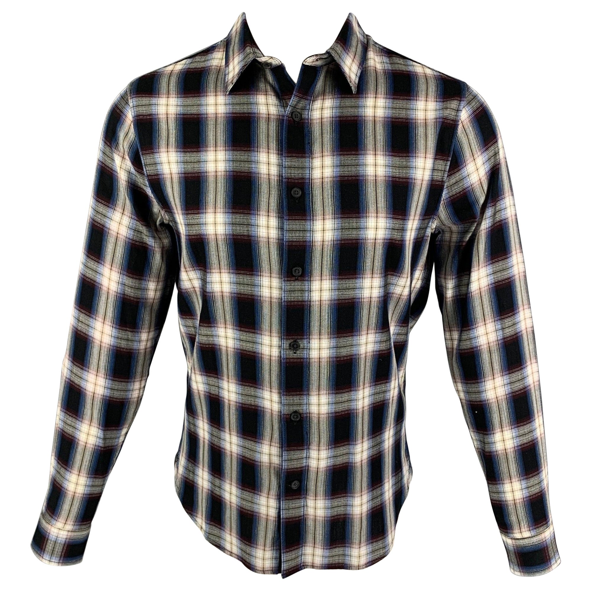 VINCE Size XS Black Multi-Color Plaid Cotton Rayon Long Sleeve Shirt For Sale