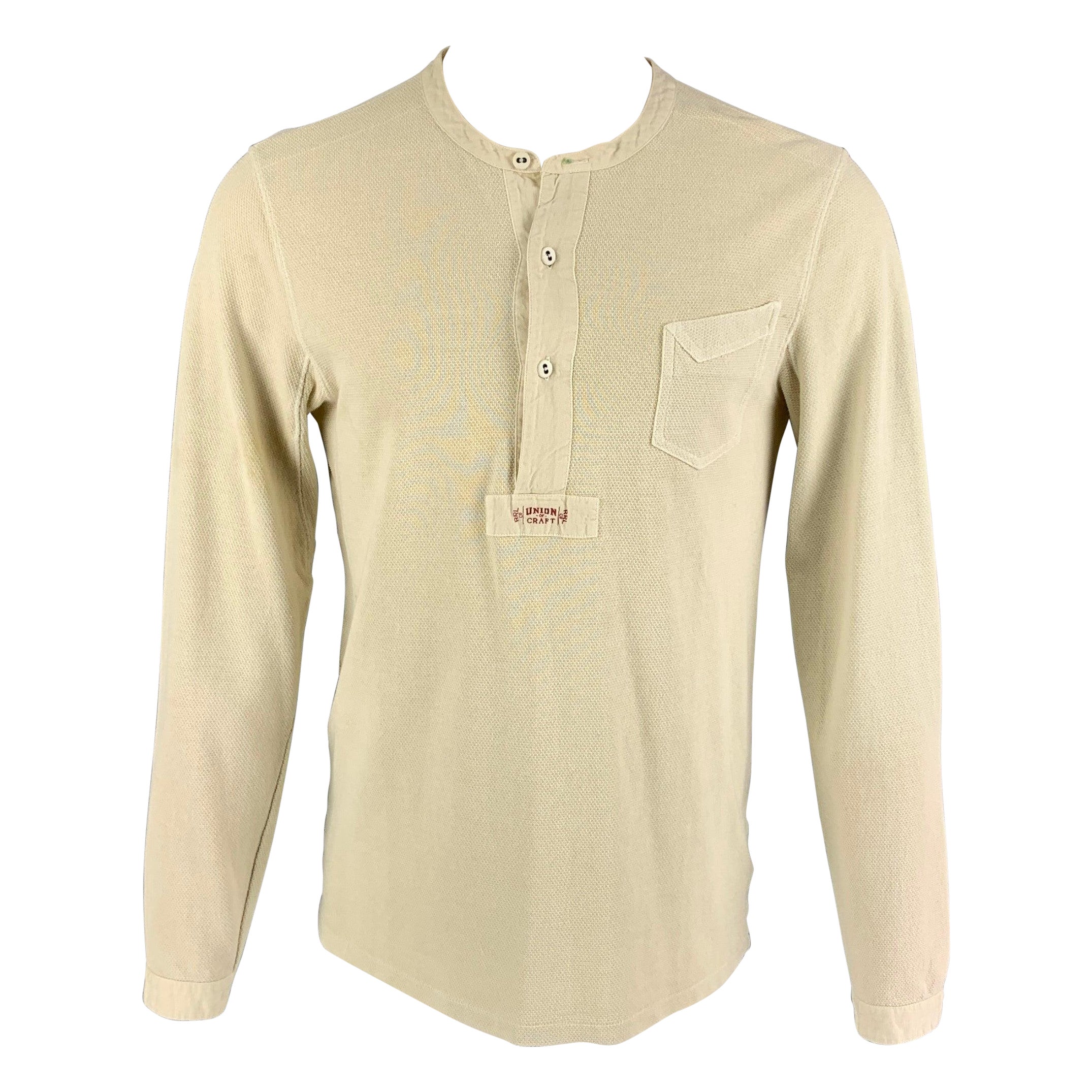 RRL by RALPH LAUREN Size S Beige Textured Cotton Henley Long Sleeve Shirt For Sale