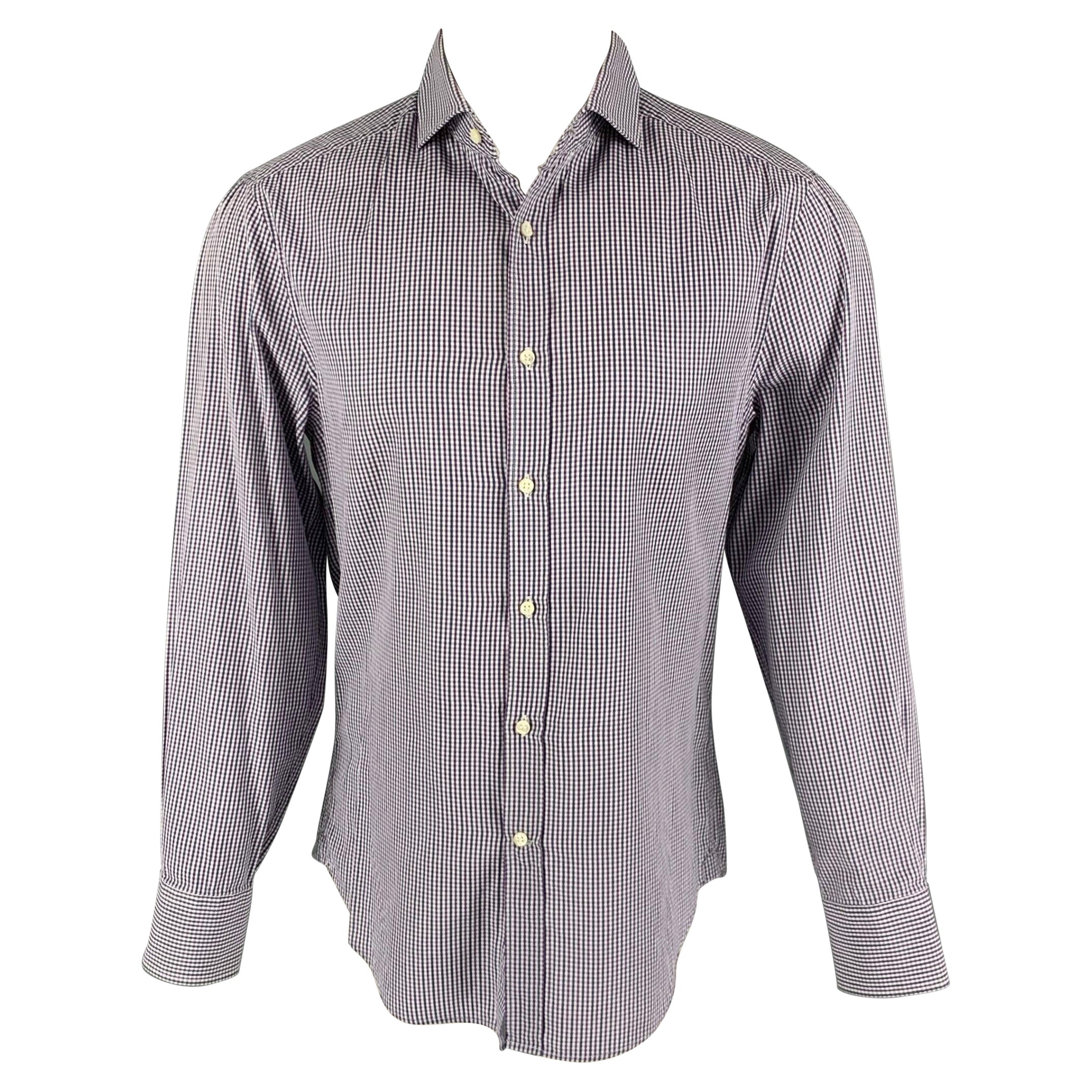 BRUNELLO CUCINELLI Size S Navy Purple Checkered Cotton Long Sleeve Shirt For Sale