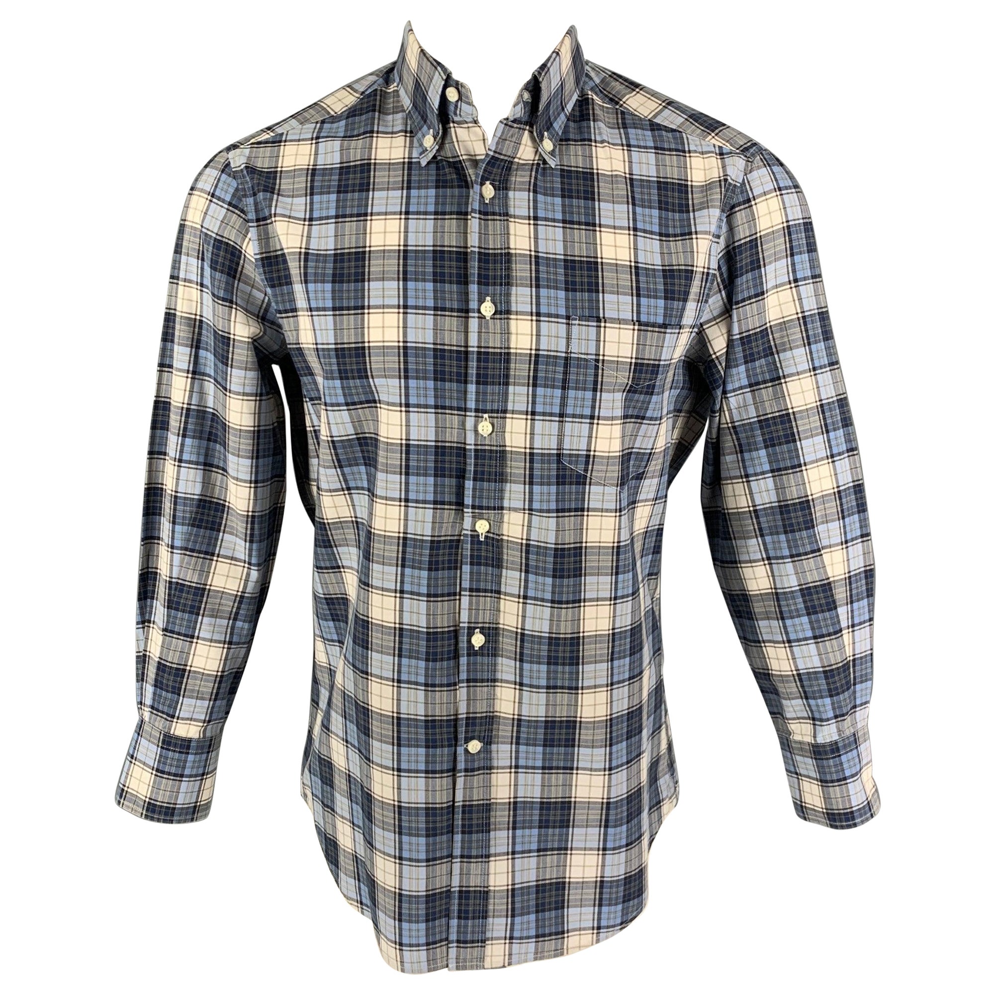 BRUNELLO CUCINELLI Size S Blue Navy Plaid Cotton Button Down Long Sleeve Shirt For Sale