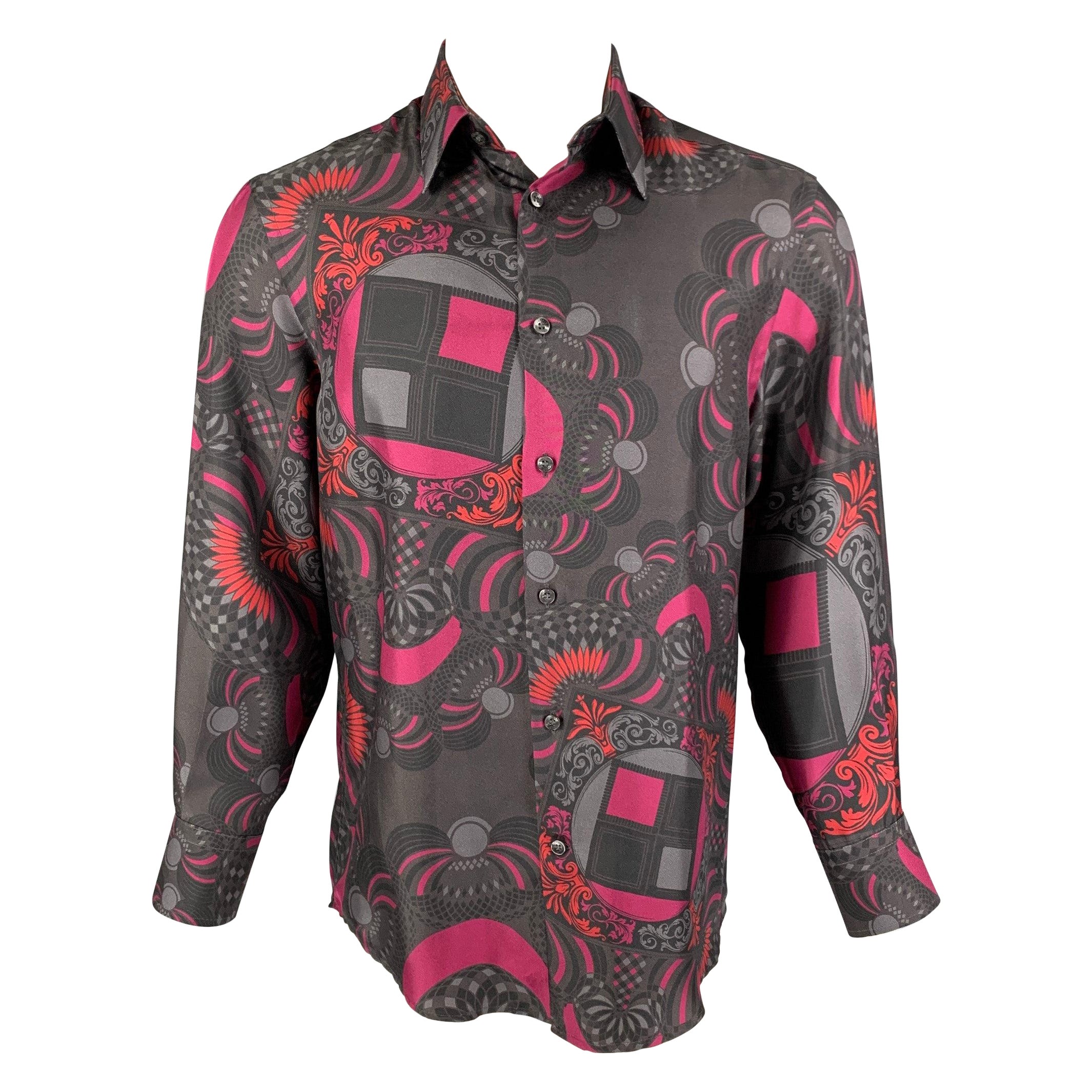 VERSACE COLLECTION Size S Dark Gray Magenta Print Silk Long Sleeve Shirt For Sale