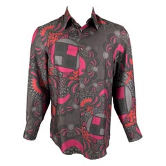 VERSACE COLLECTION - Chemise à manches longues en soie imprimée gris foncé et magenta, taille S