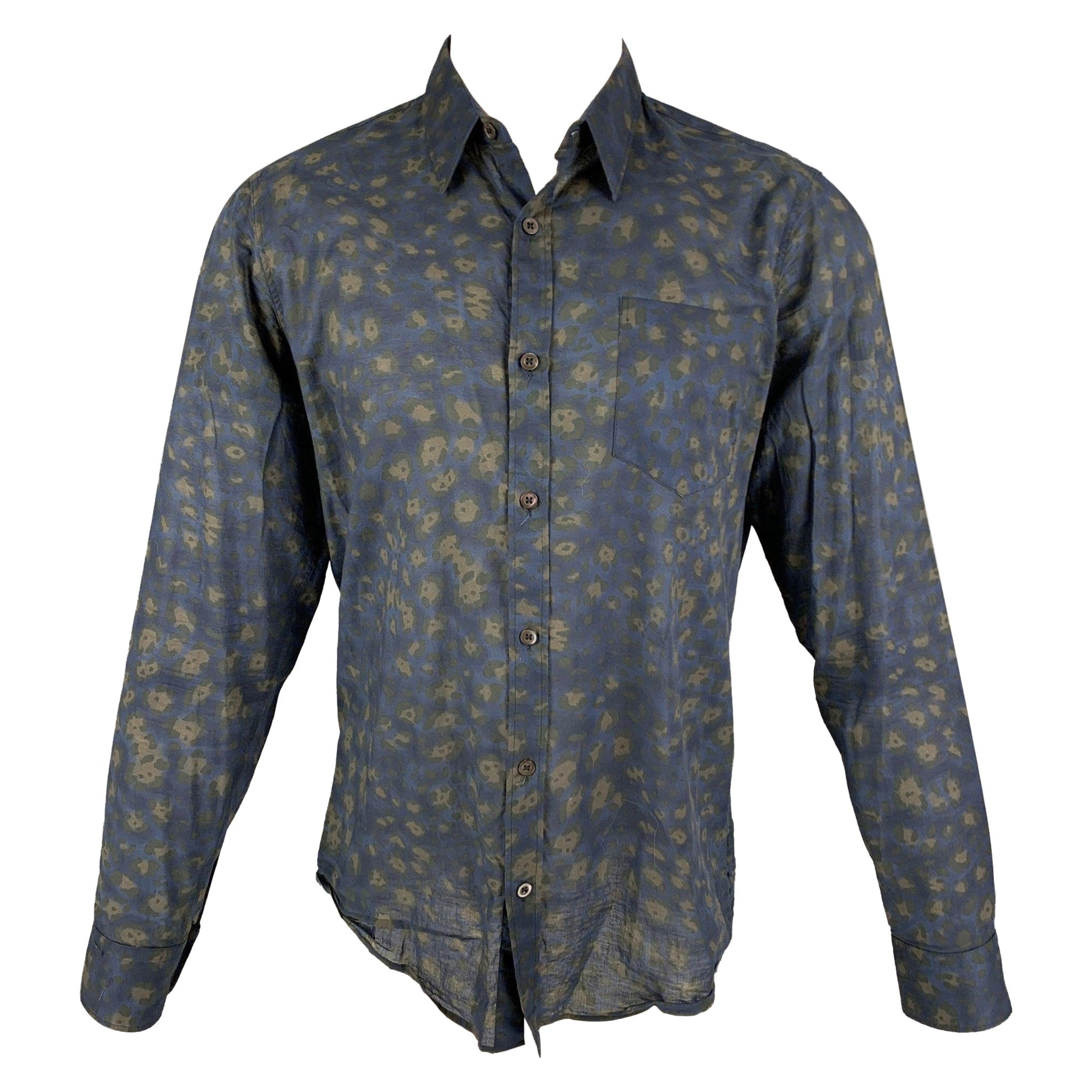 DRIES VAN NOTEN Size M Blue Abstract Floral Cotton Button Up Long Sleeve Shirt For Sale