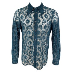 GUCCI SS 16 Size L Teal Lace Polyamide Cotton Button Up Long Sleeve Shirt